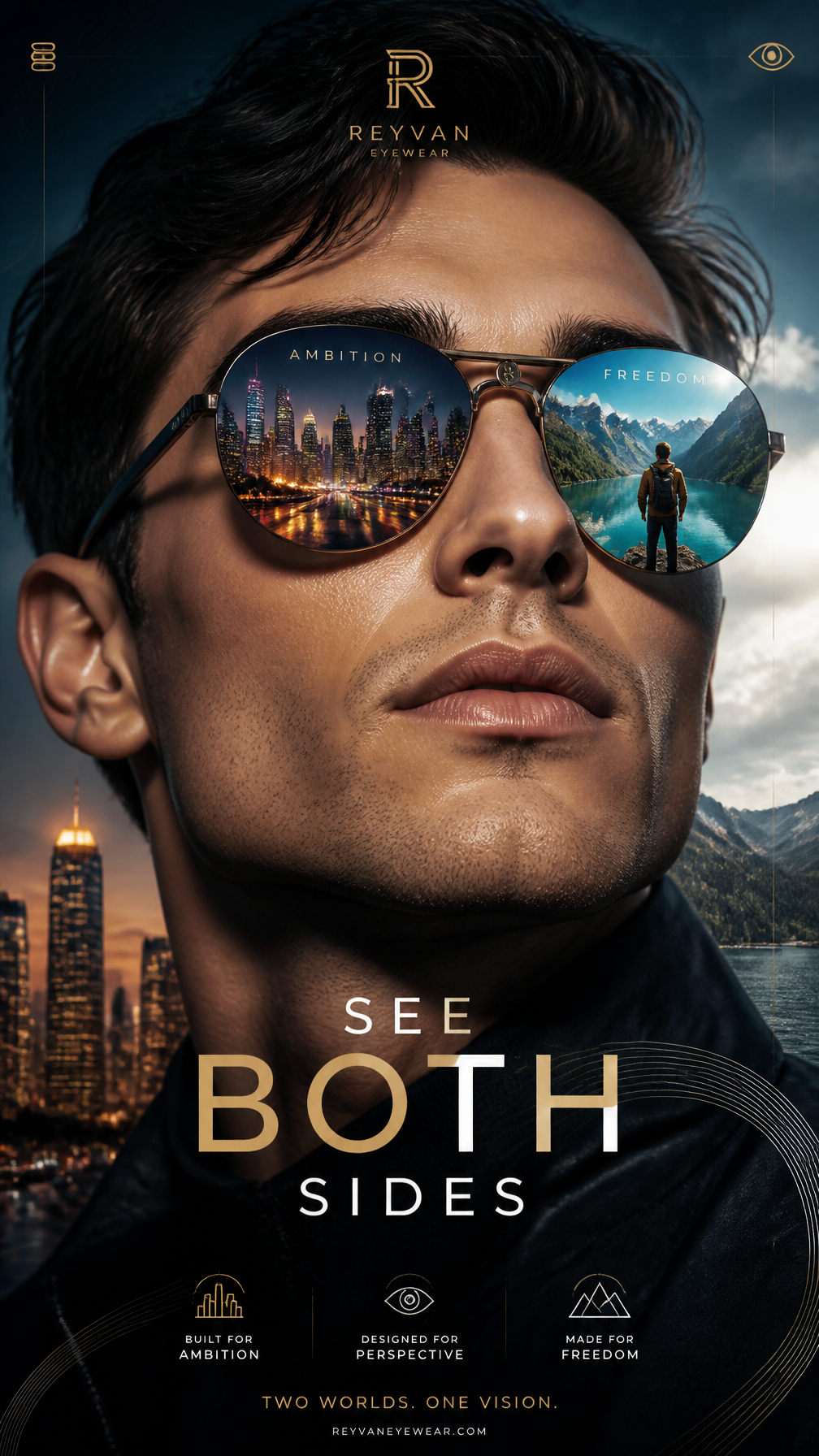 A premium 9:16 eyewear advertising poster.Main Subject:
A co