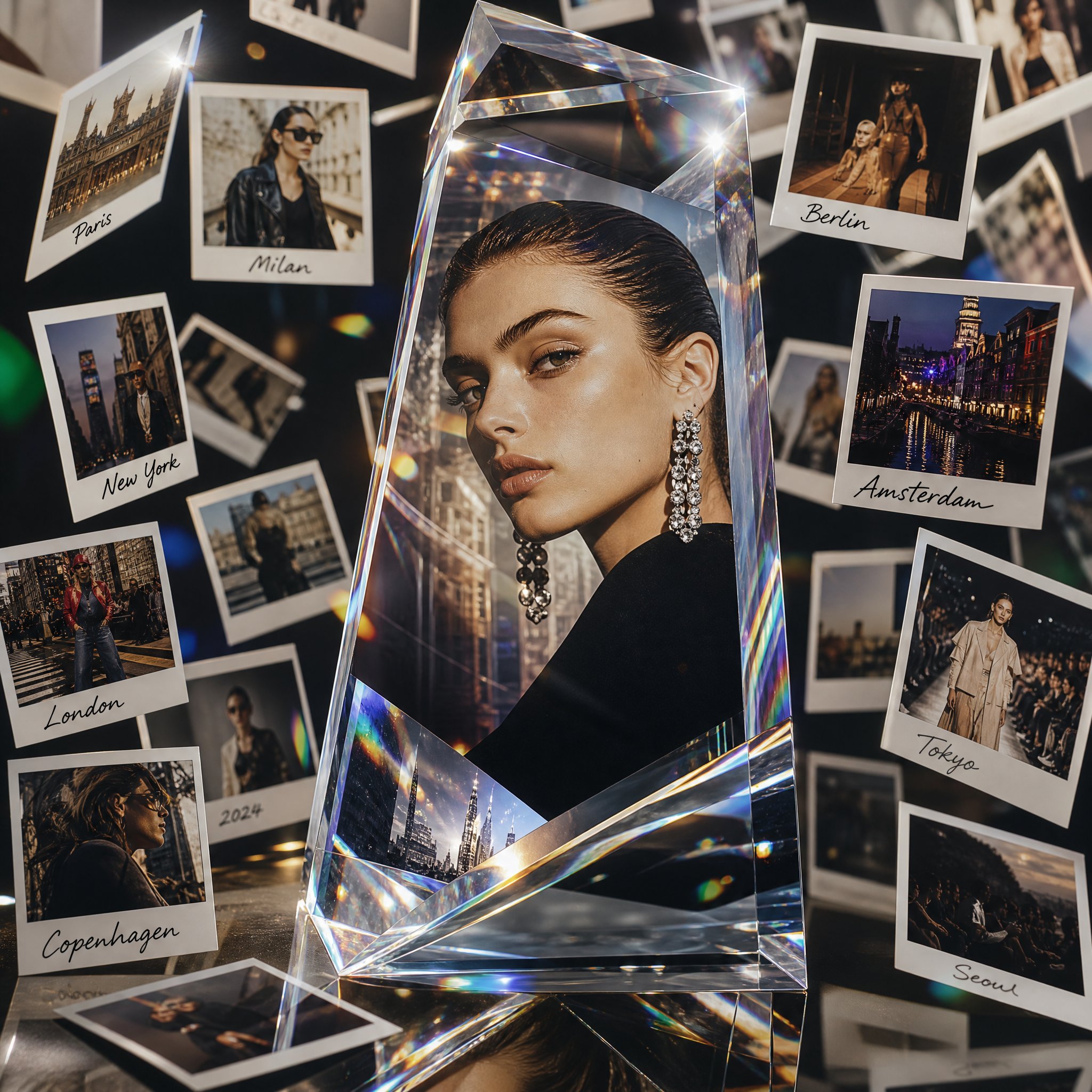 Luxury fashion campaign where a monumental crystal prism act