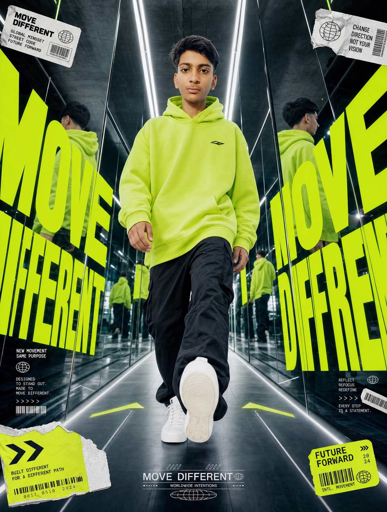 A premium 9:16 streetwear editorial advertising poster.Main
