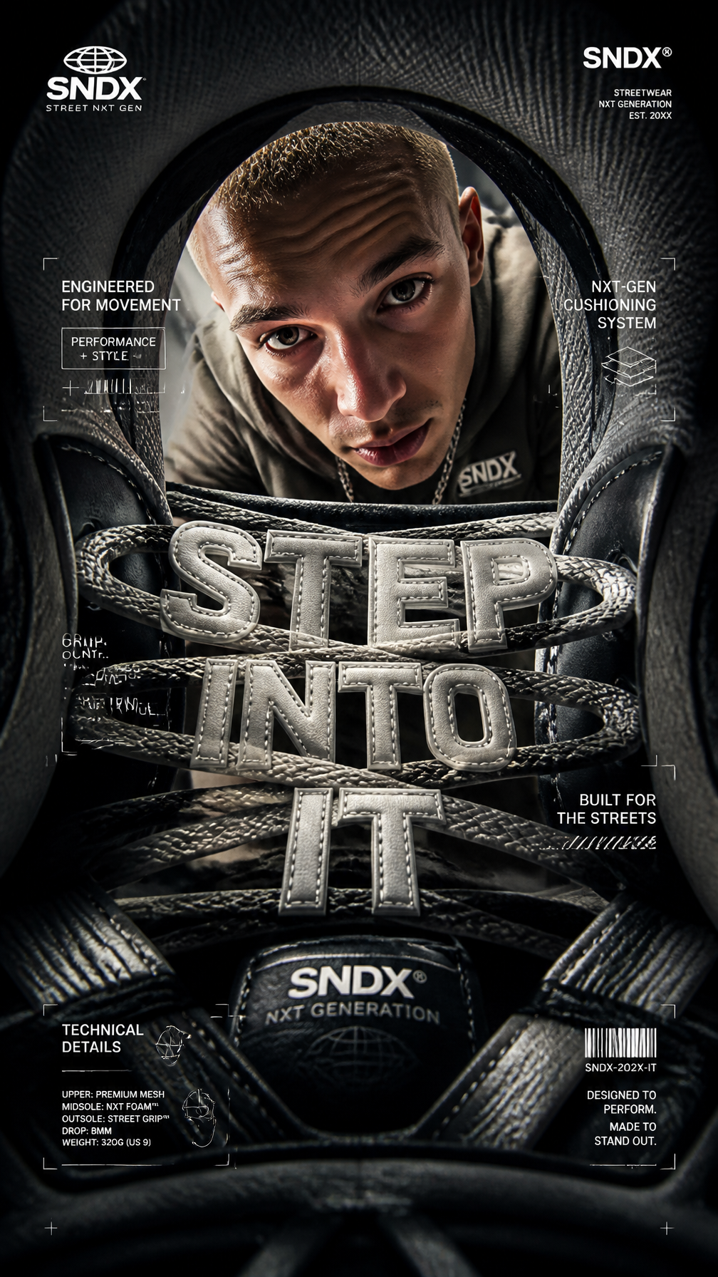 A premium 9:16 sneaker advertising poster.Main Subject:A you