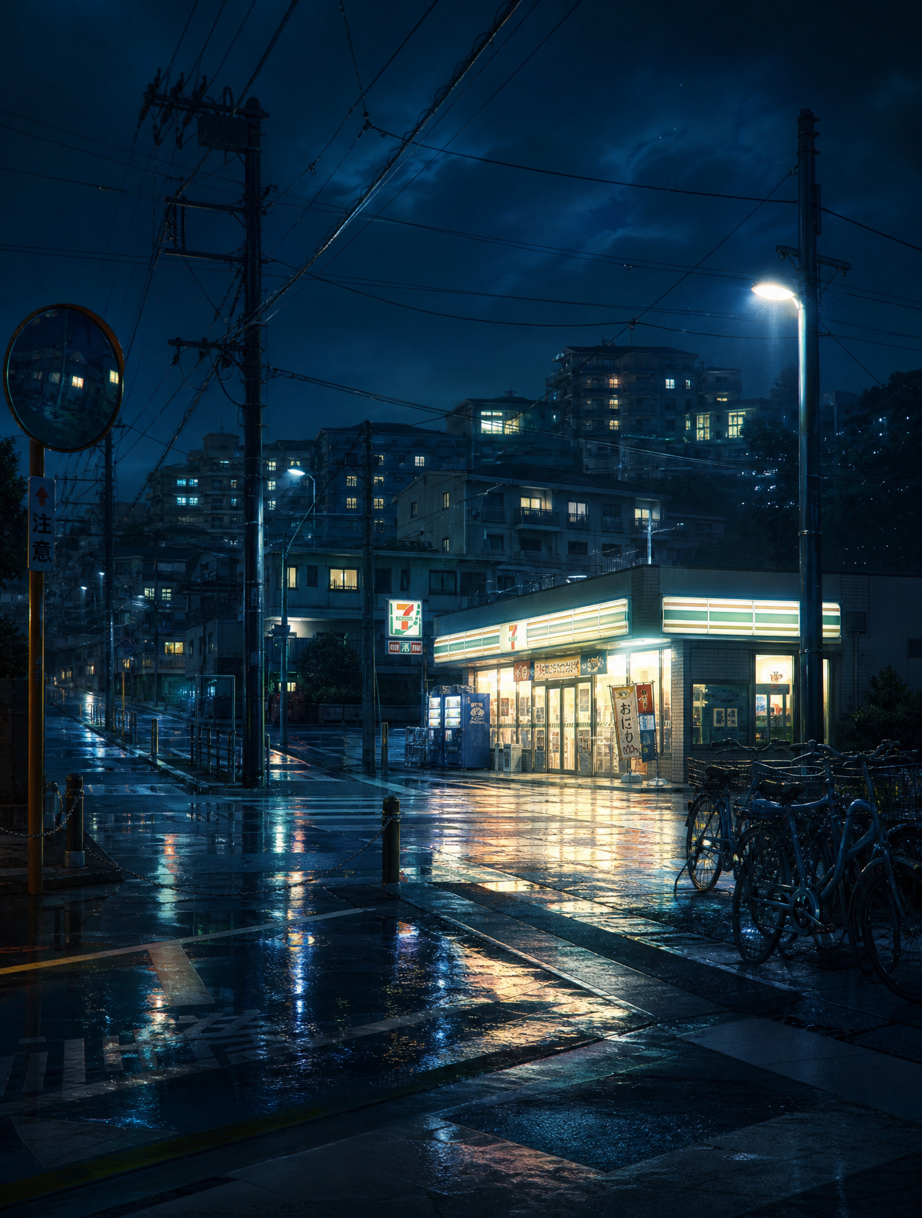 A lonely 24-hour convenience store glowing at midnight besid