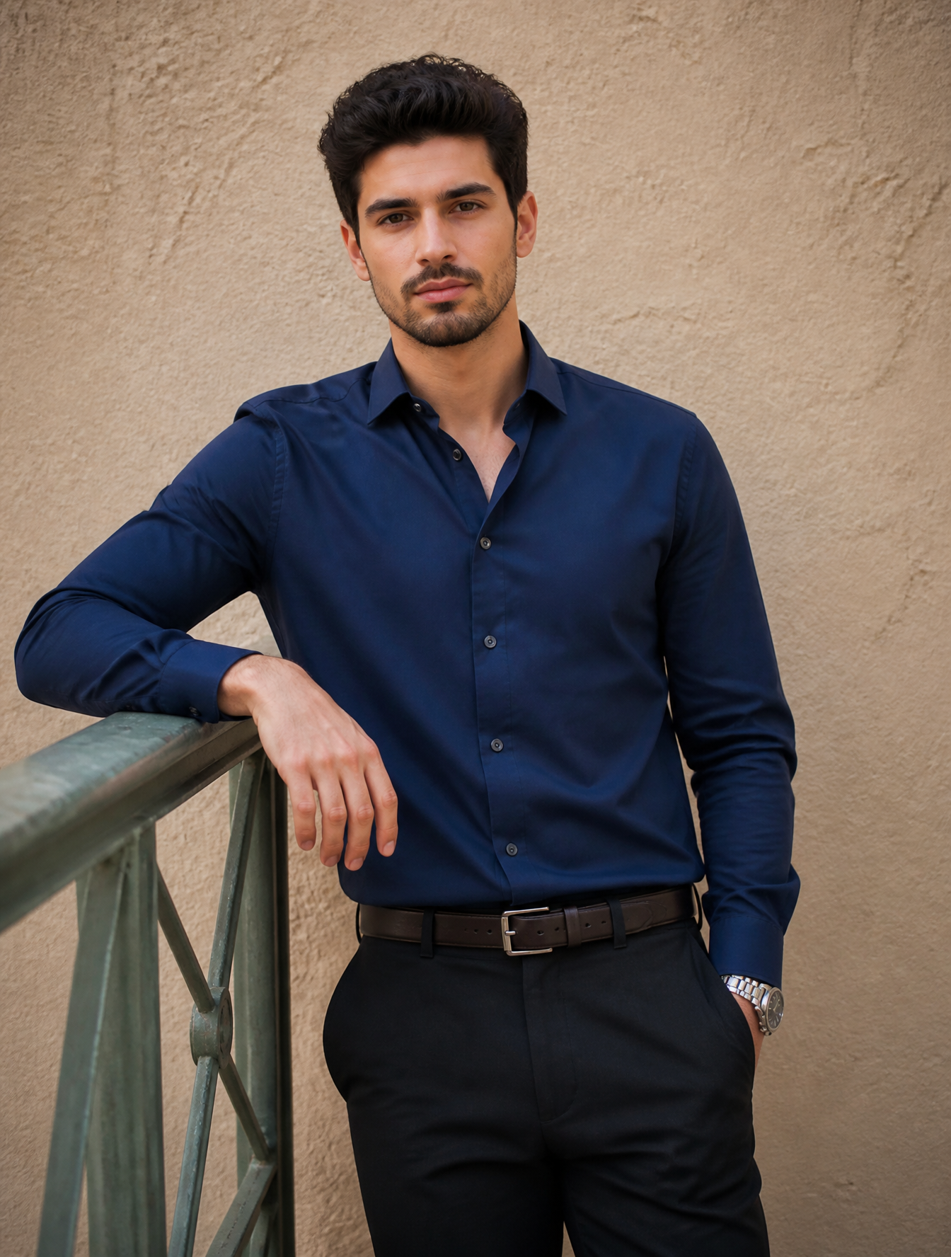 A young man with dark, styled hair and light stubble stands 