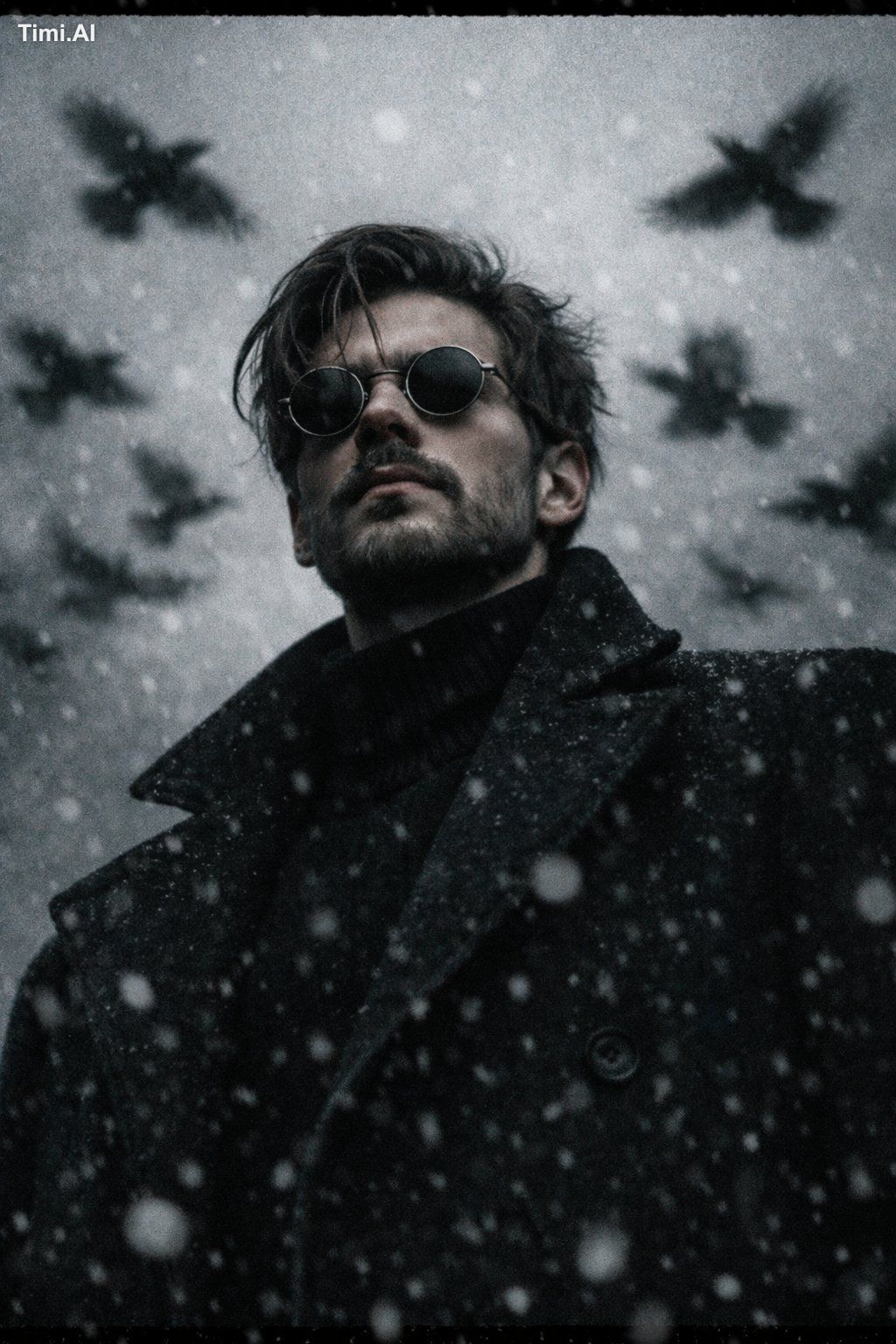 A cinematic low-angle portrait of a stoic man use image for