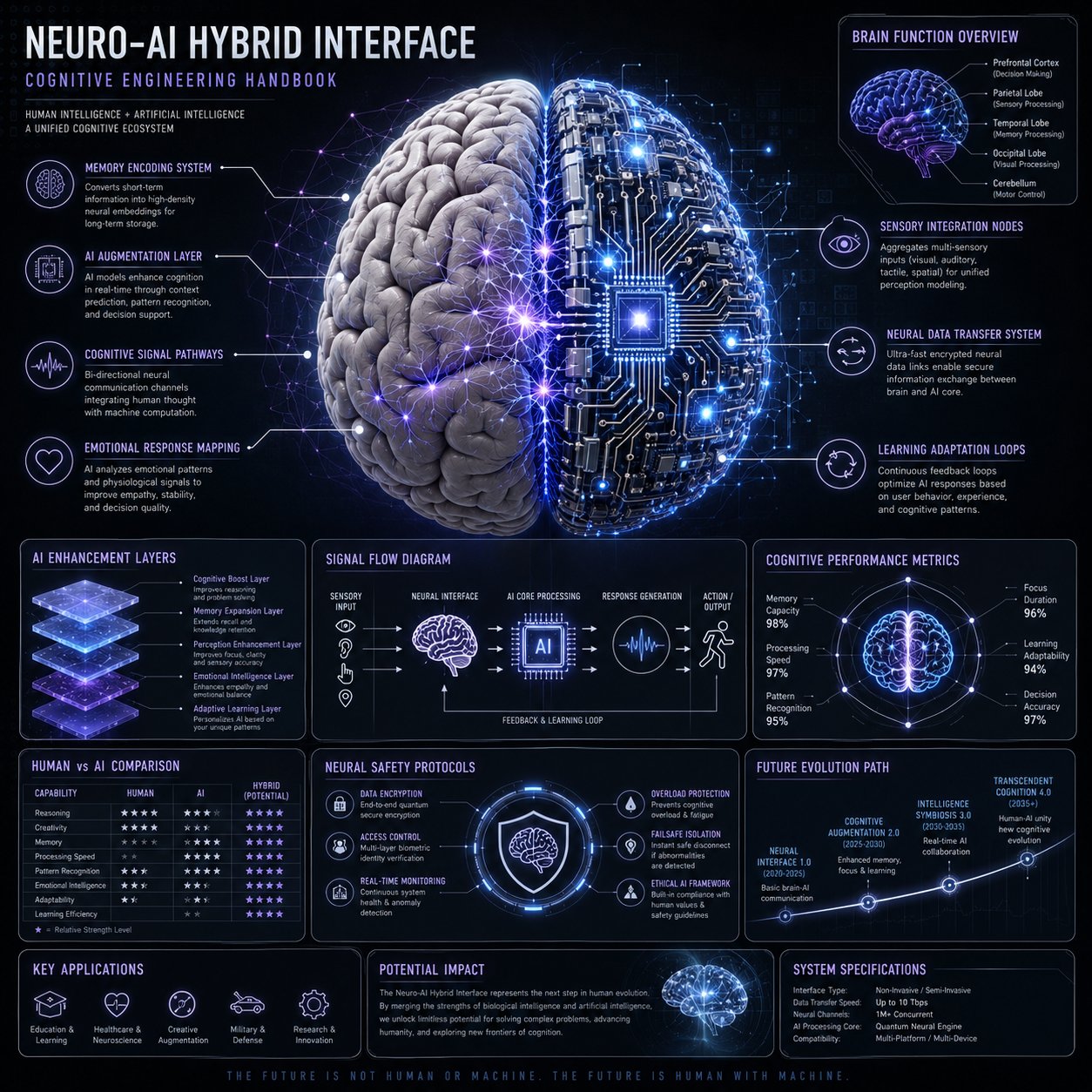Create a premium square “neuro-AI hybrid system infographic”