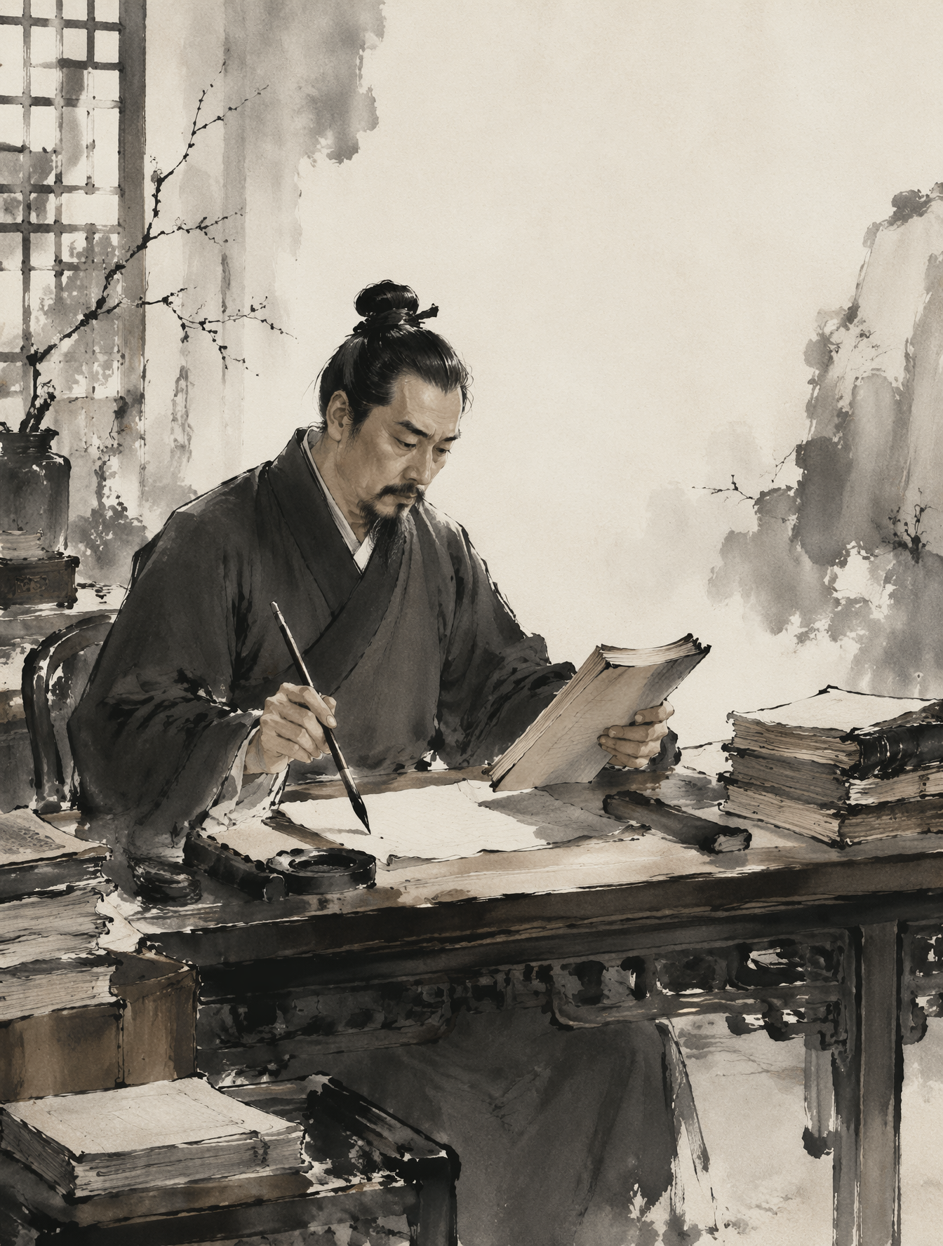 主体与动作
一位身着传统深色长袍的中国专利审查员,端坐在堆满古籍与现代专利文件的红木书案前,神态凝重而专注,右手持毛笔悬