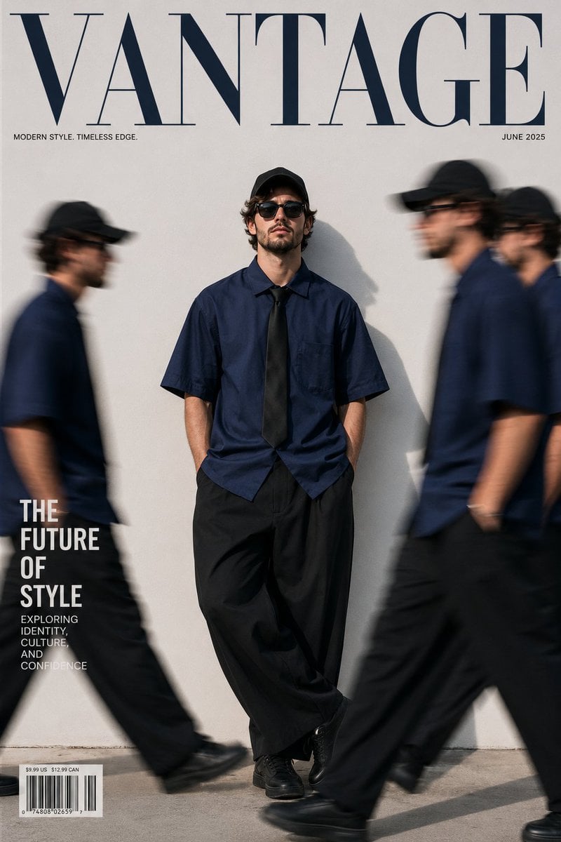 Ultra-realistic fashion magazine cover, minimalist streetwea