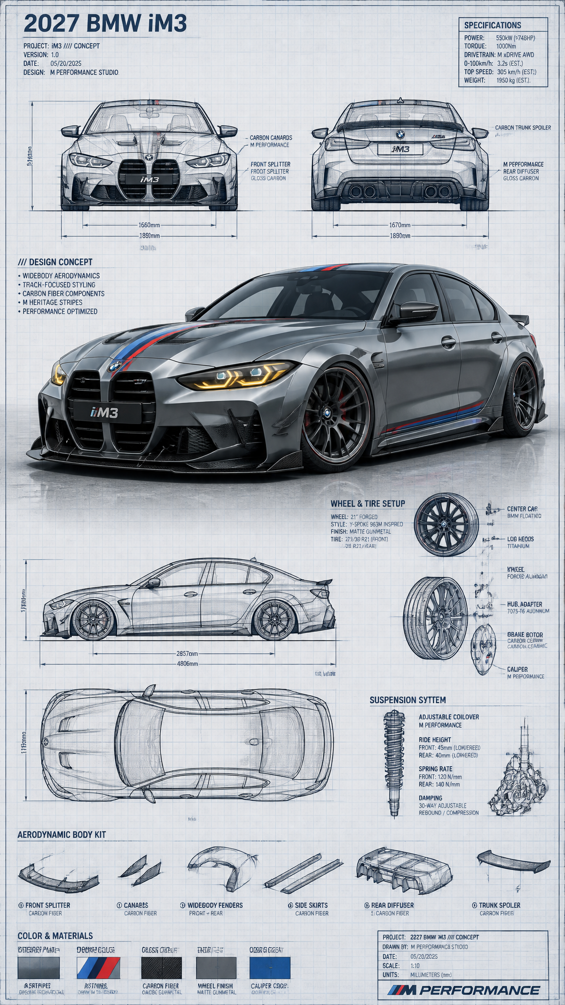 Highly detailed technical blueprint sketch and realistic 3D–