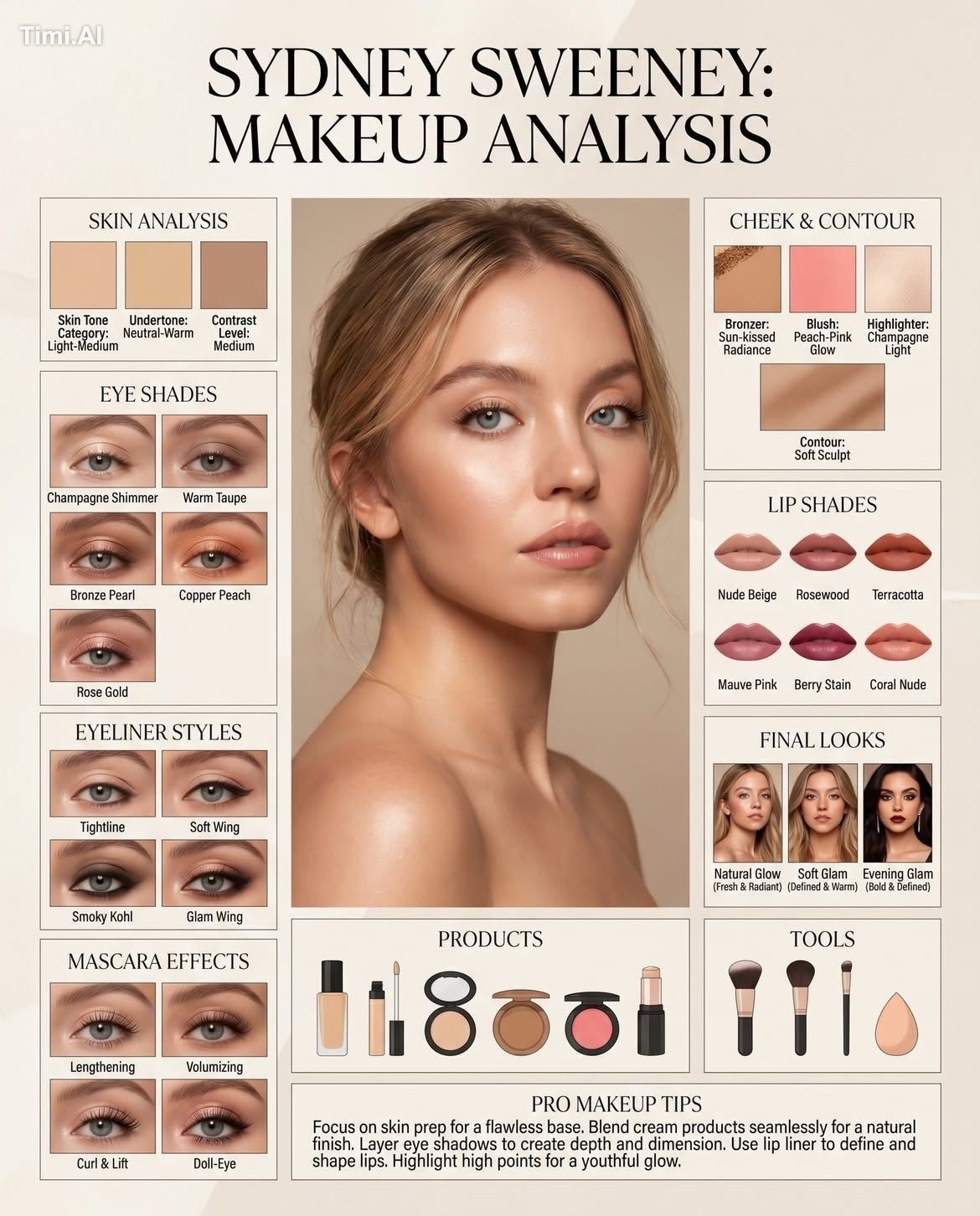 Professional makeup guide infographic with a centered portra
