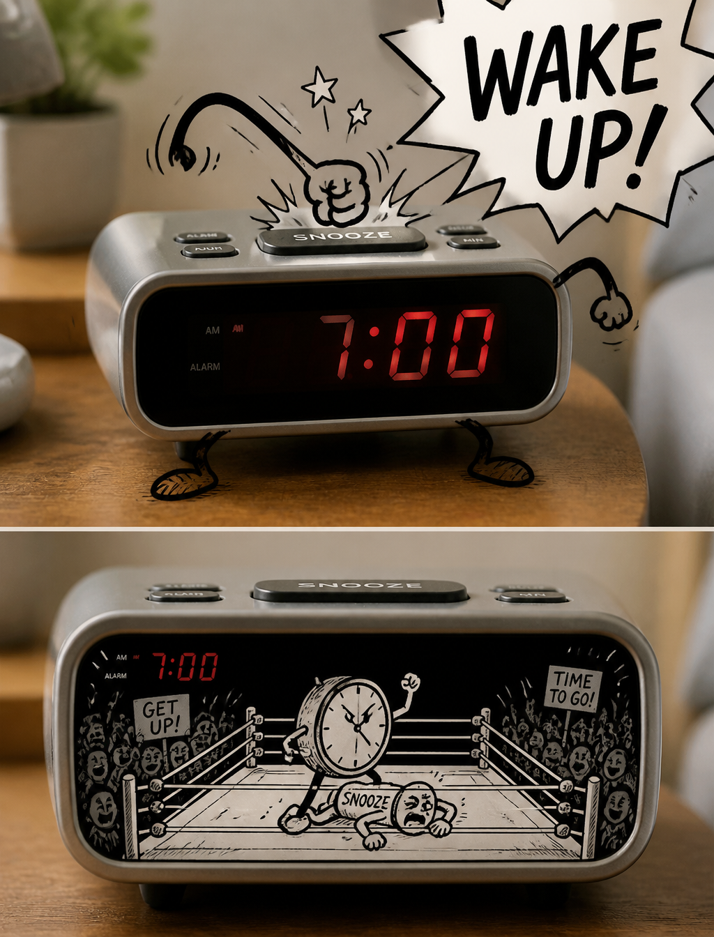 - Photo of an alarm clock, but doodled arms and legs punchin