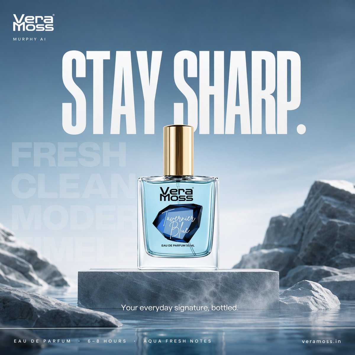 Hyper-realistic cinematic perfume billboard poster for Vera