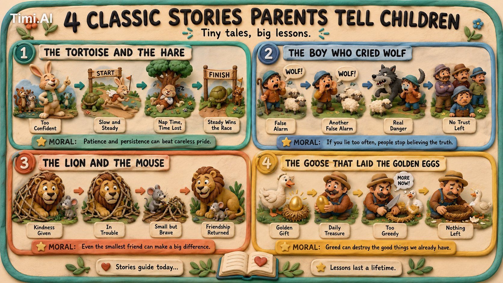 2x2 grid, 16:9, do this for 4 non-copyrighted stories parent