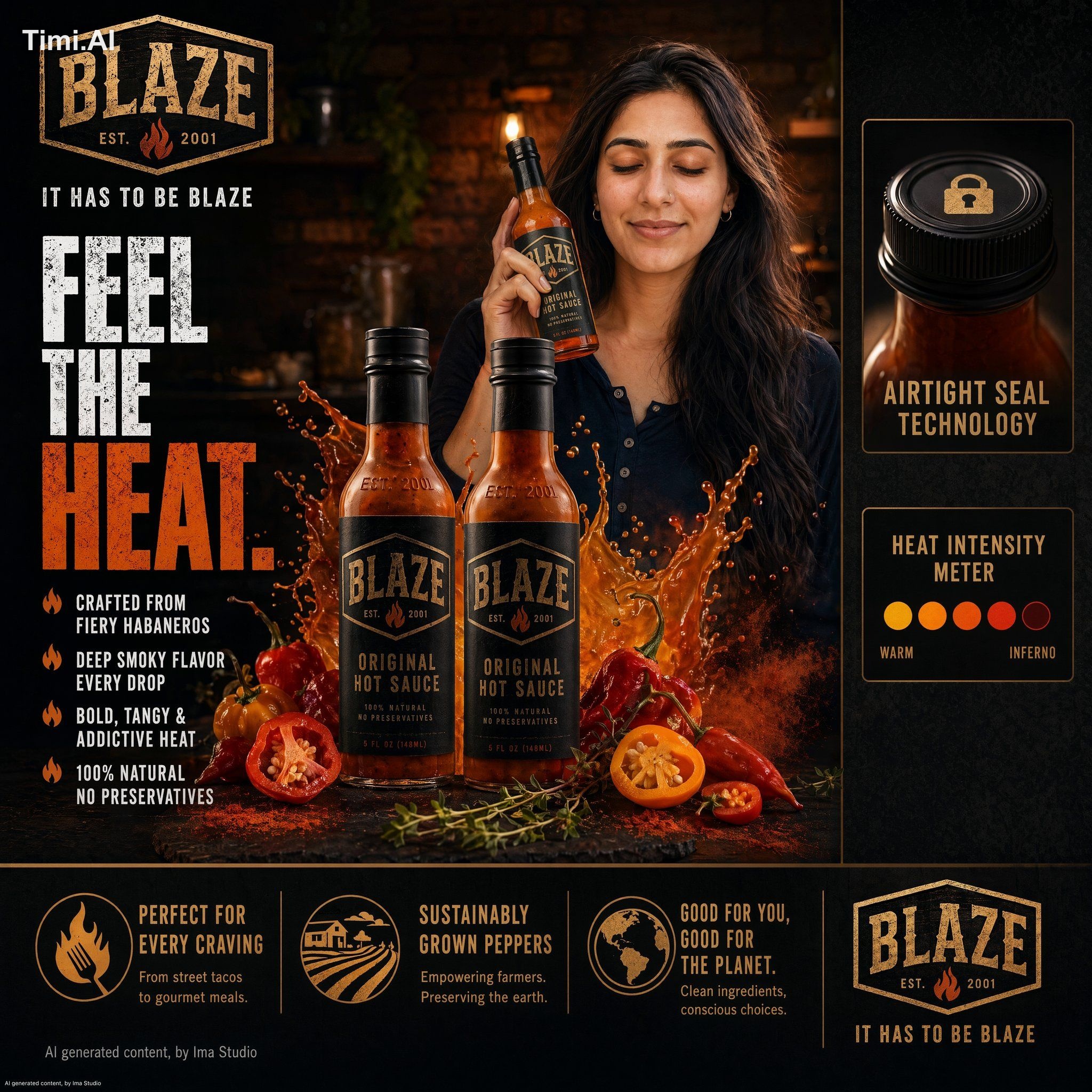 A premium product advertisement for BLAZE Hot Sauce,
establ