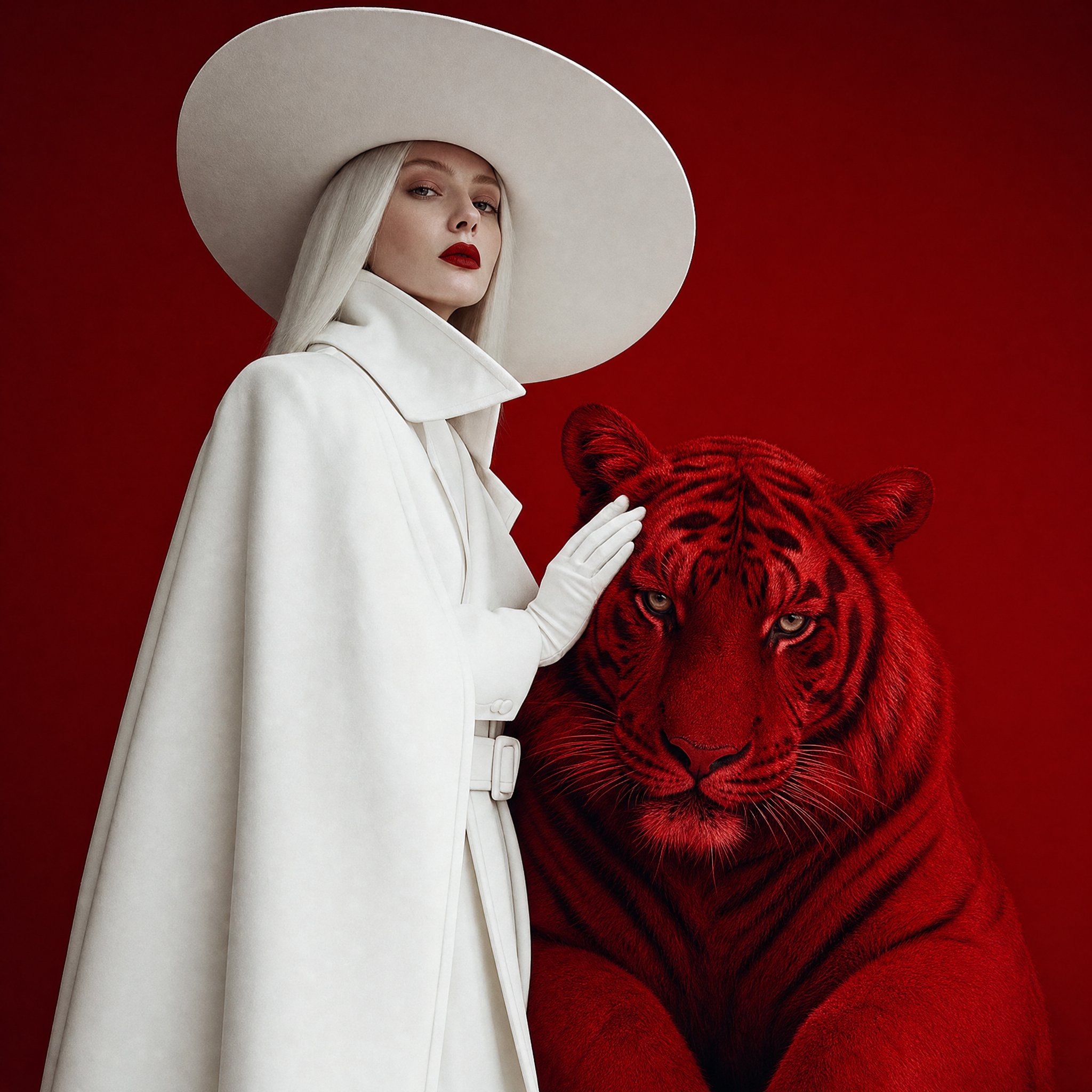 Surreal fashion editorial portrait, woman in full white wide