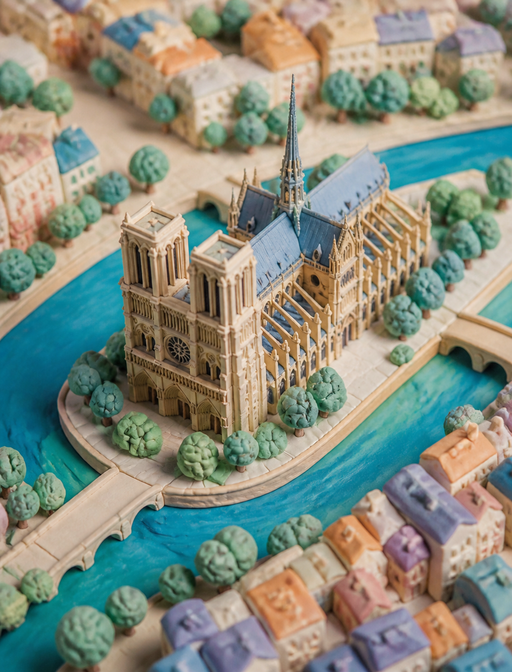 3d Notre dome cathedral made of plasticine, bird eye view wi