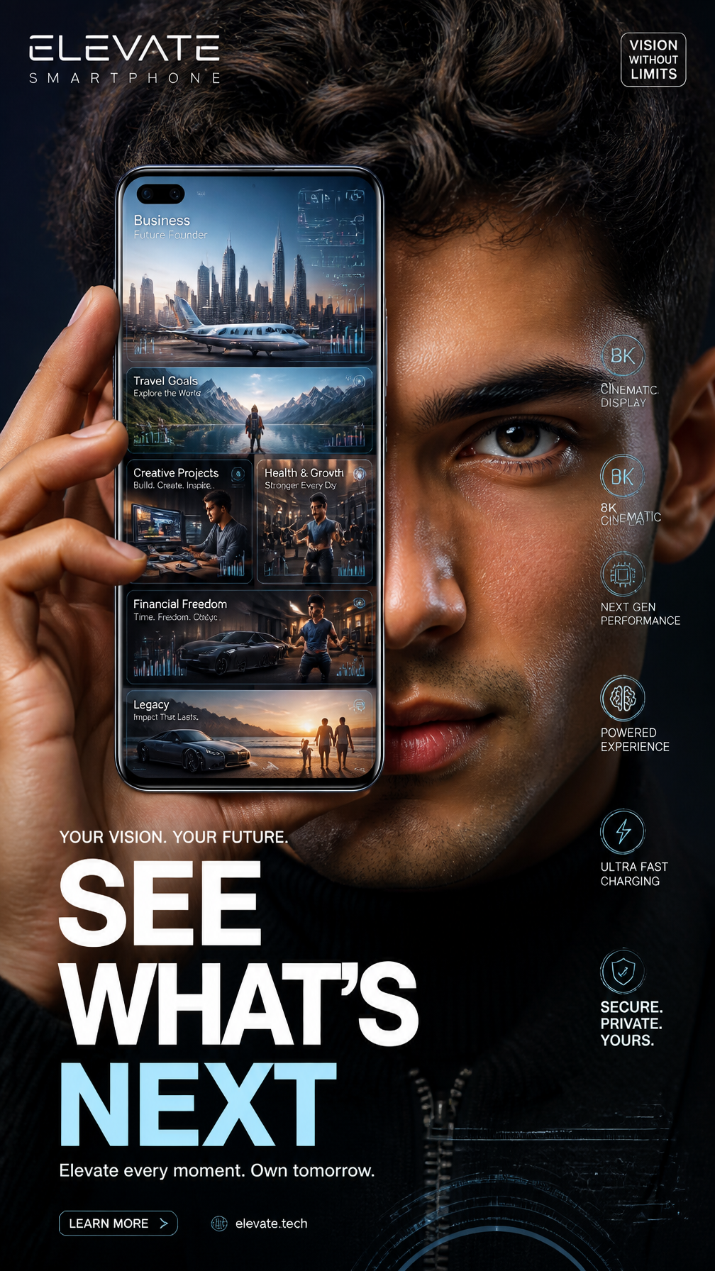 A premium 9:16 smartphone advertising poster.Main Subject:A
