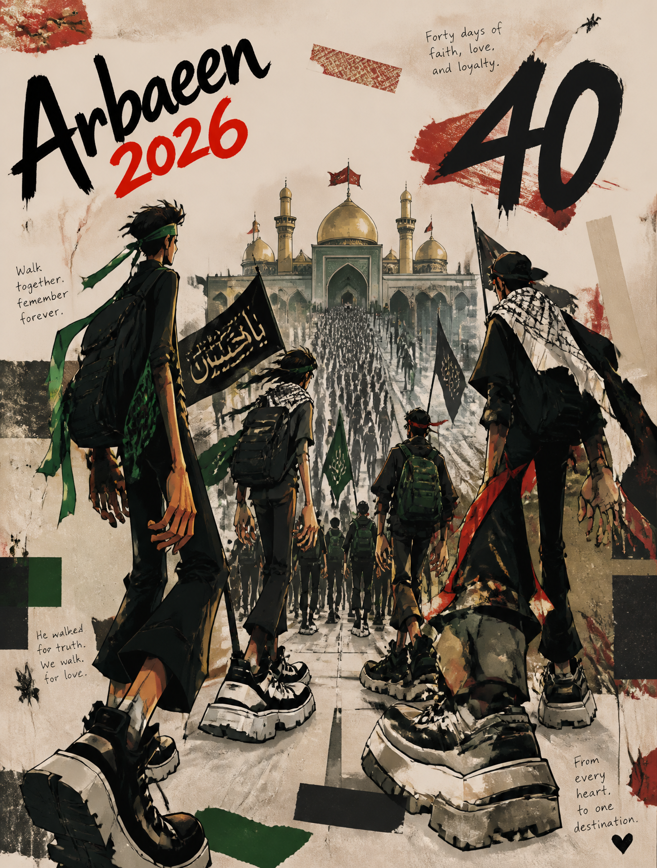 2026 阿巴因节（Arbaeen 2026）海报提示词 (中文)正向提示词： 2026年阿巴因节（Arbaeen 20