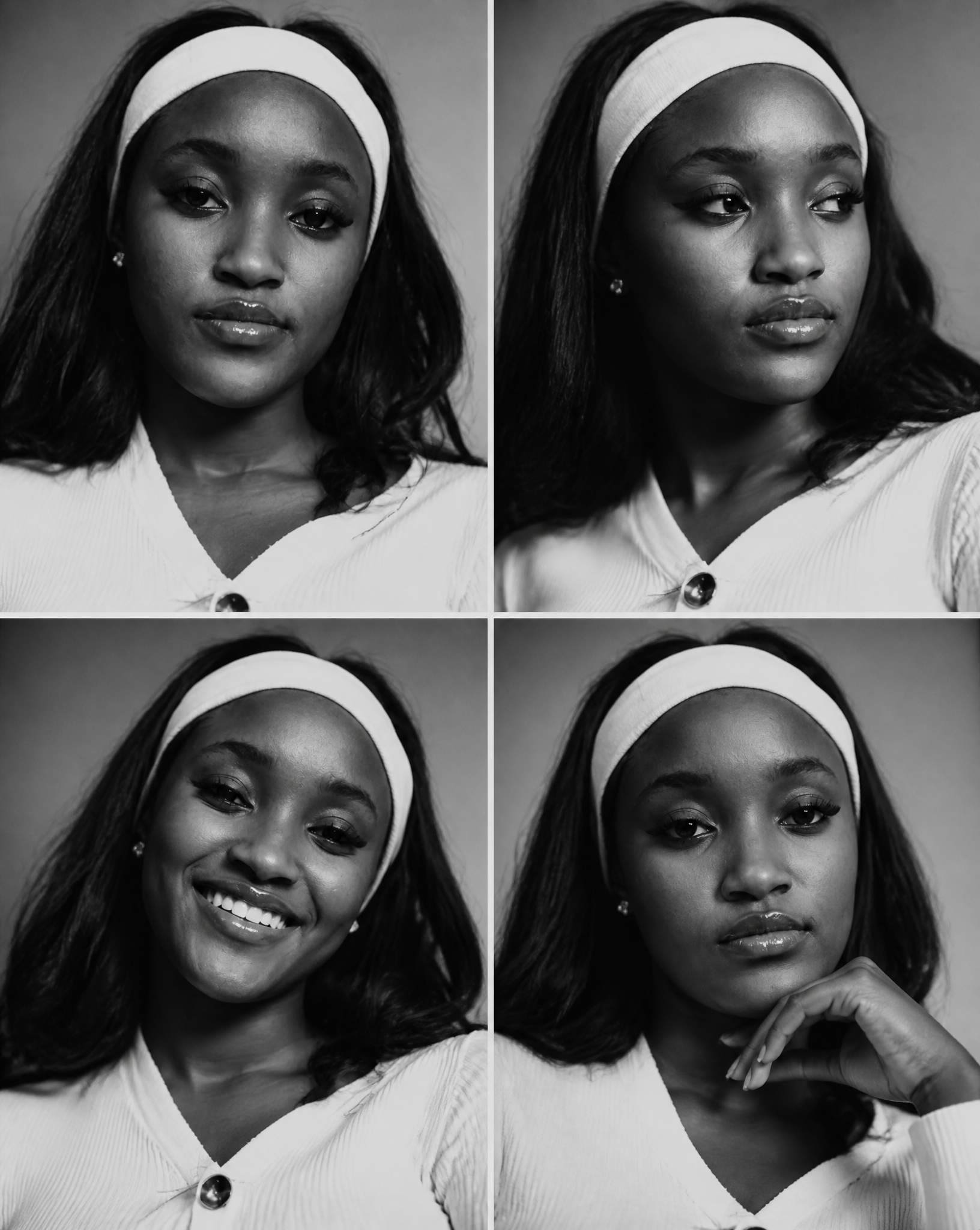 Black-and-white fashion casting contact sheet of [Human] wit
