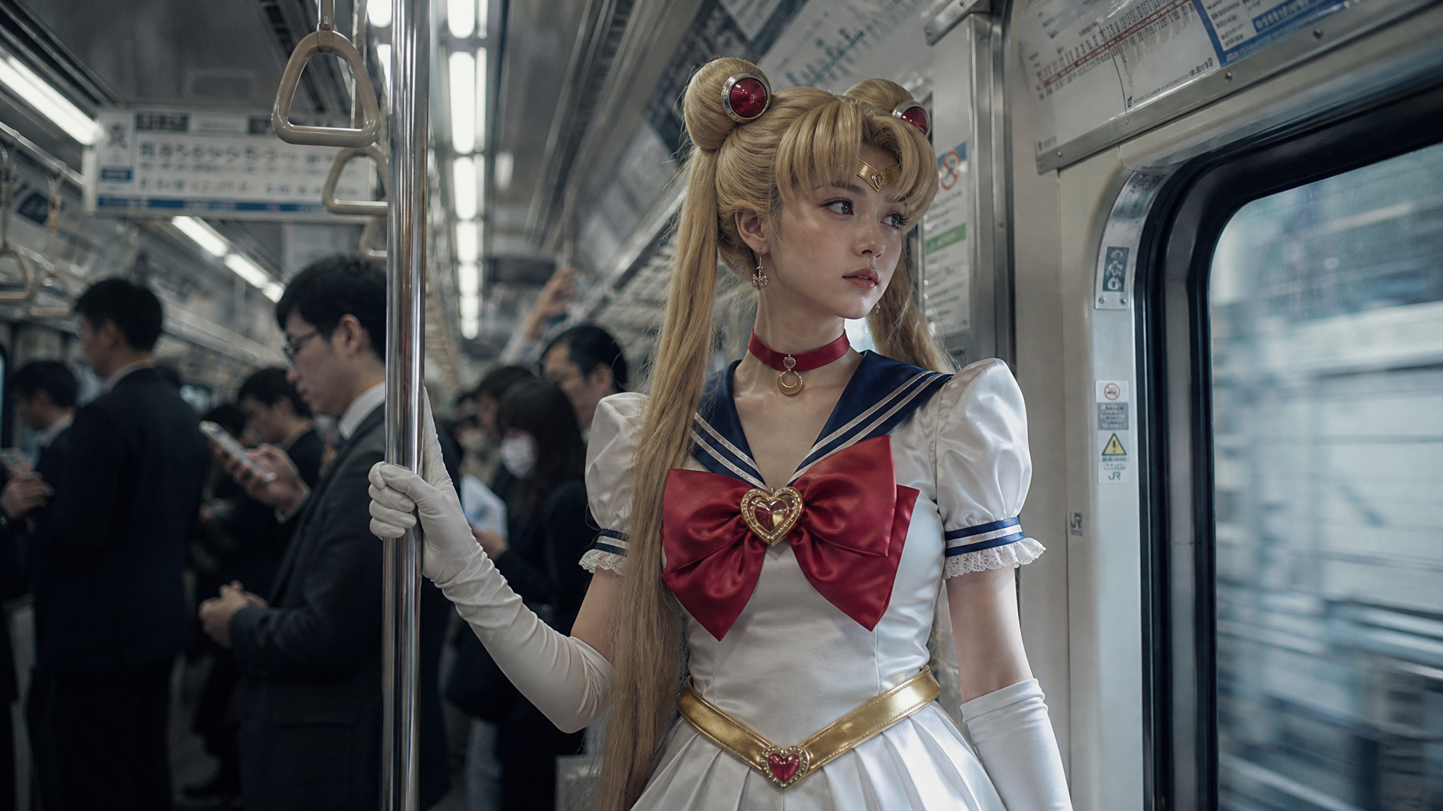 主体内容:一位年轻女性,身着经典水手服风格的动漫角色服装,整体造型参考自《美少女战士》中的月野兔(Sailor Moon