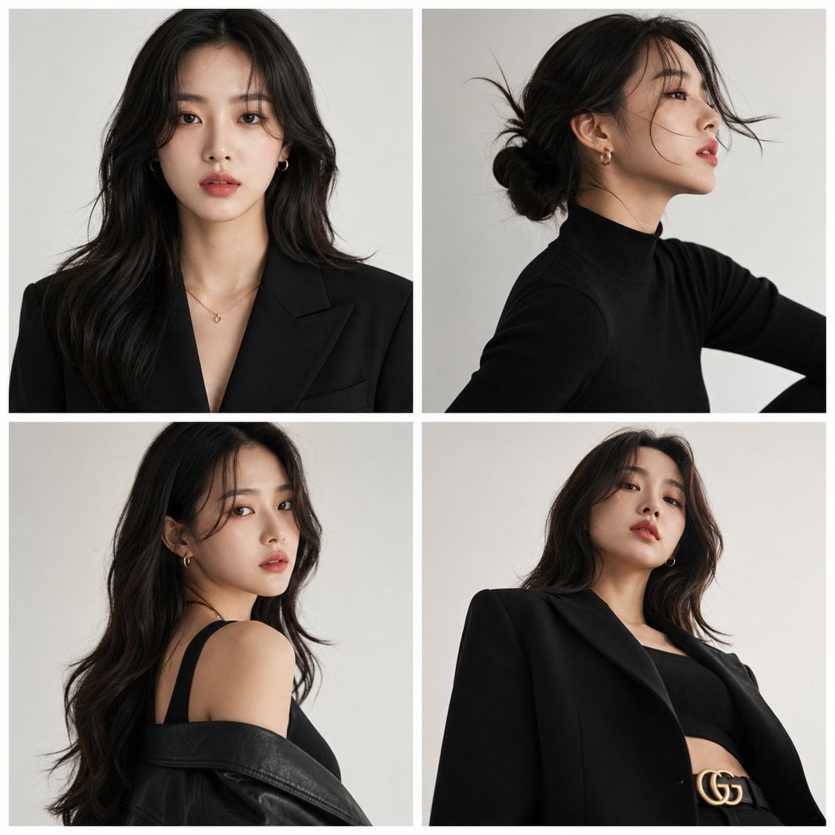 Create a premium high-fashion editorial series in a 2x2 grid