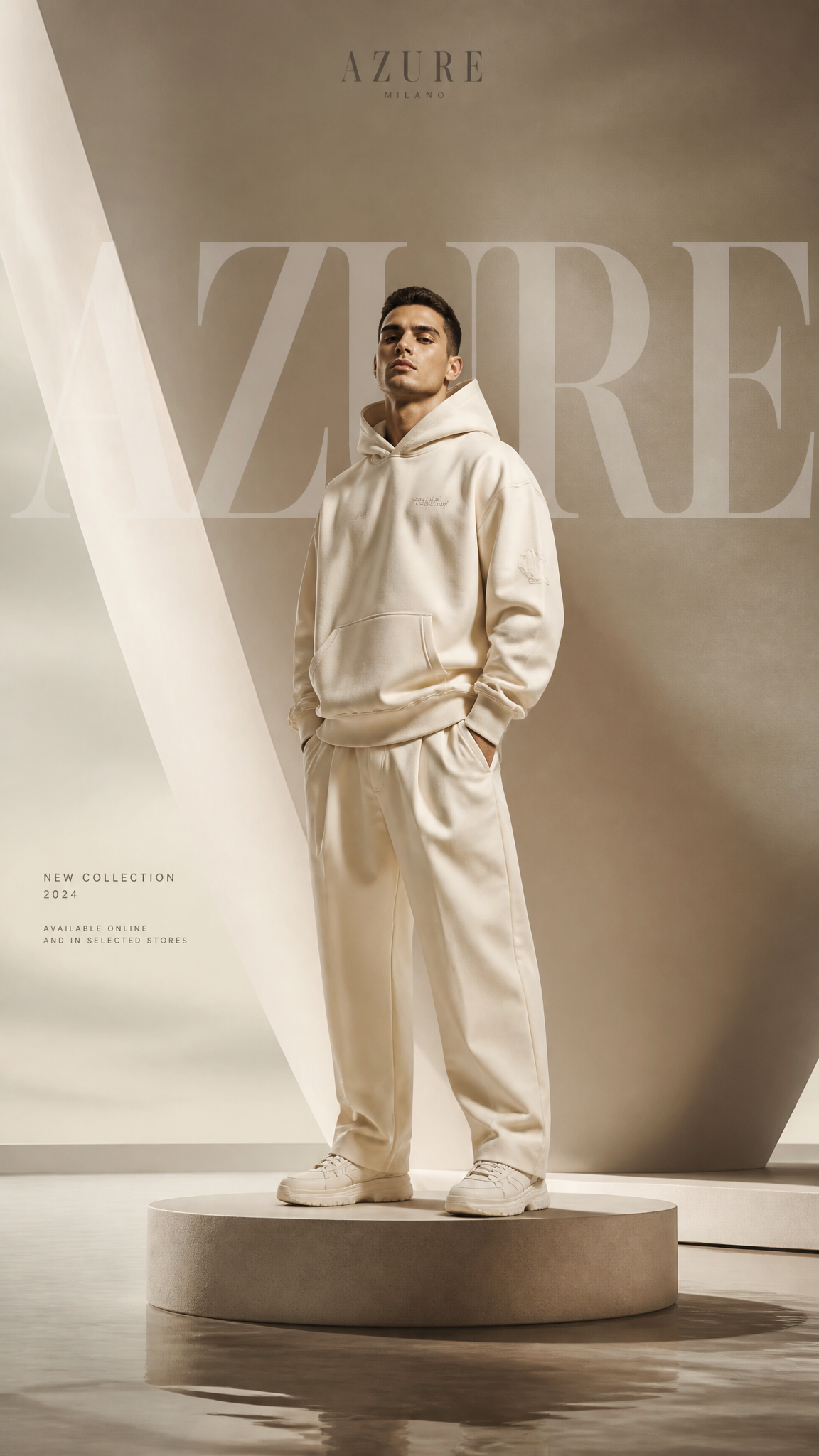Ultra-luxury clothing brand advertising poster, vertical 9:1