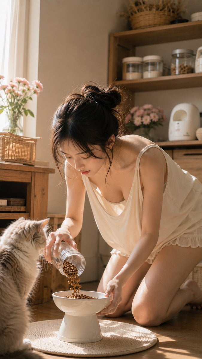主題:
猫にごはんをあげる朝
人物・表情:
20代女性。黒茶の髪をラフなお団子にまとめ、透け感のある前髪と後れ毛が頬や