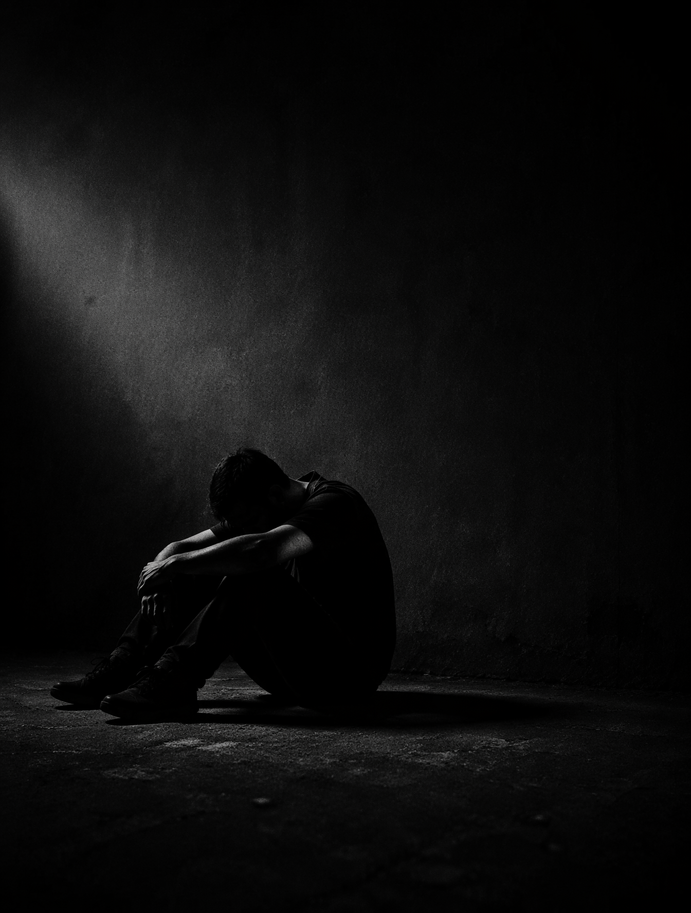 Minimalist, high-contrast silhouette of a lonely man slumped