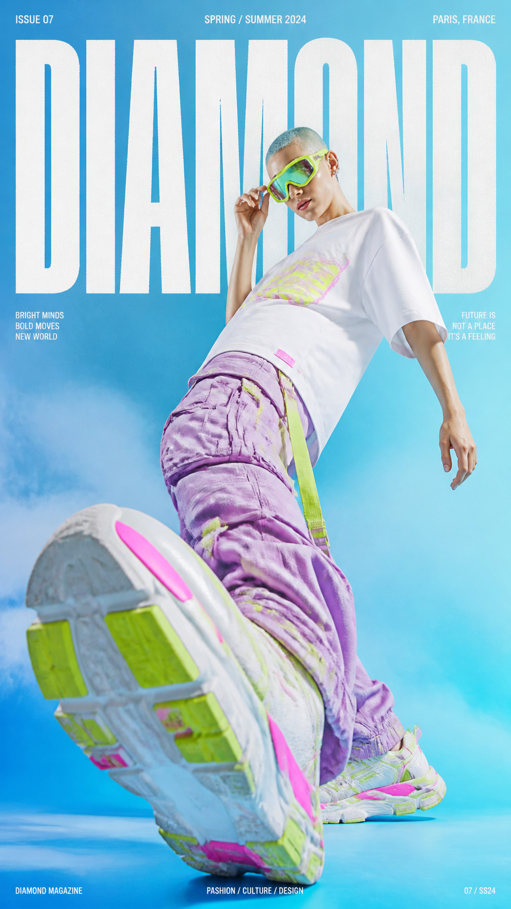 Subject & Action
Full-body female model, buzz cut (pink/purp