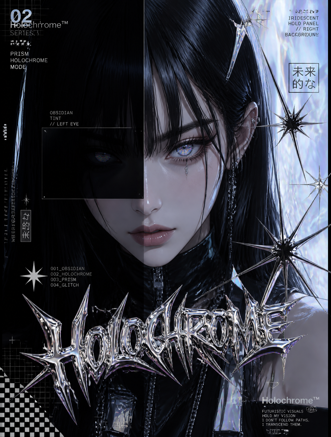 Obsidian & HolographicFuturistic anime girl with sleek jet b
