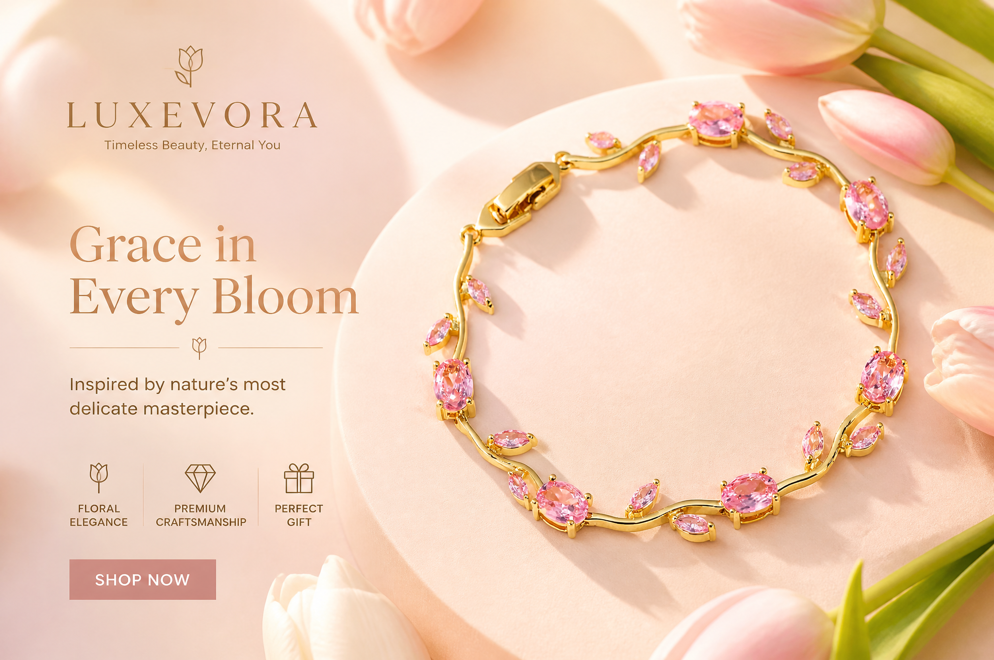 Luxury tulip bracelet advertisement, delicate tulip-inspired