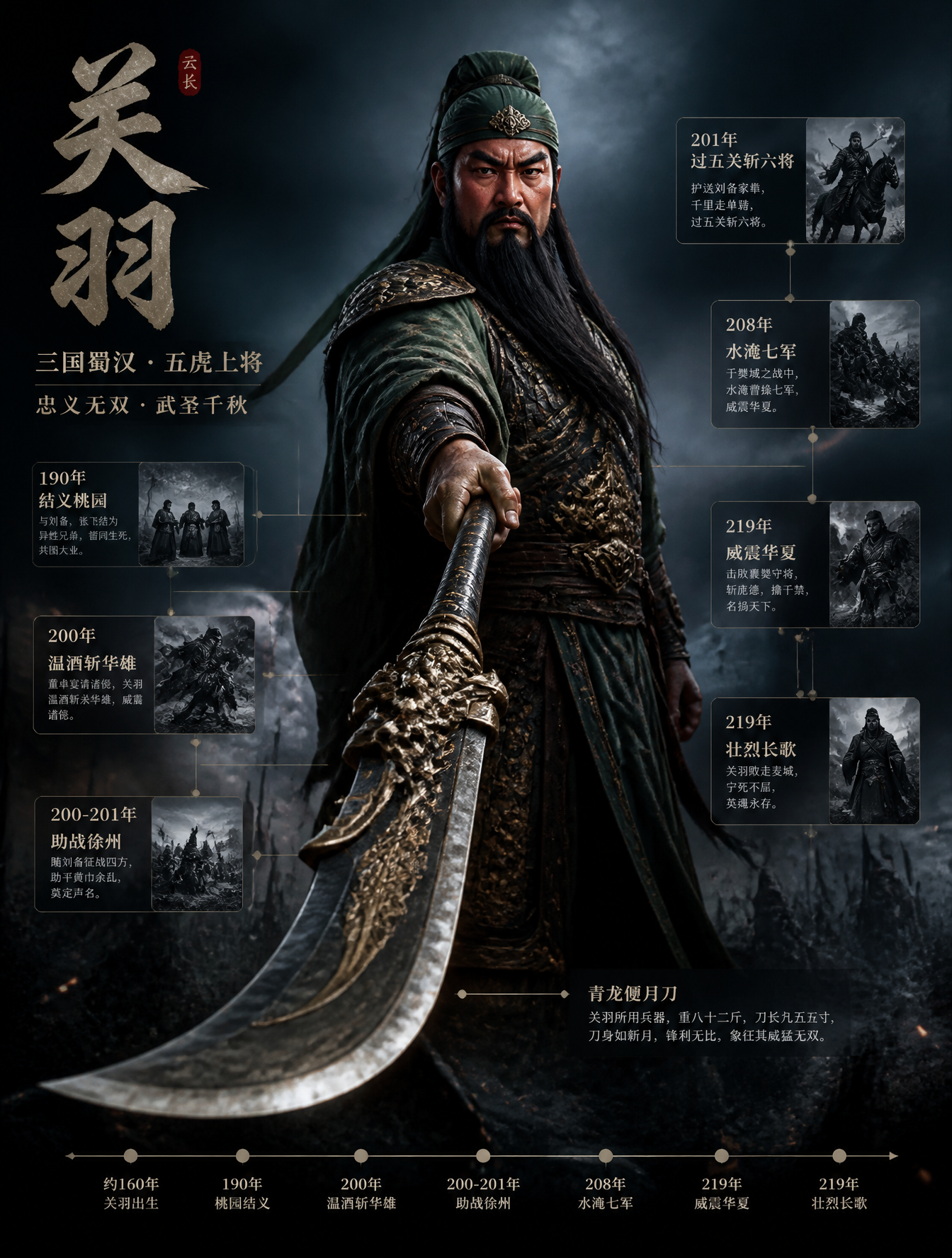 请创作一张竖版 3:4「现代人物3D立像档案海报」。主题人物:关羽人物身份:三国时代蜀国五虎将之一核心成就:辅助刘备建立