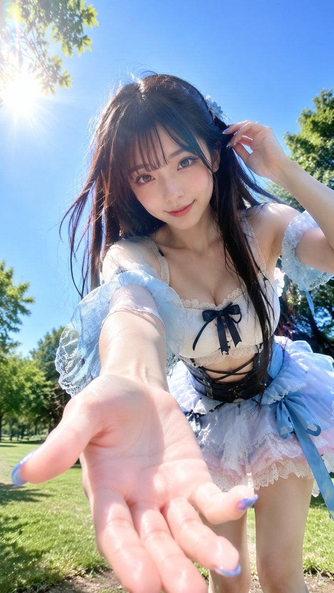 Vertical 9:16 photorealistic outdoor summer portrait.

An ad