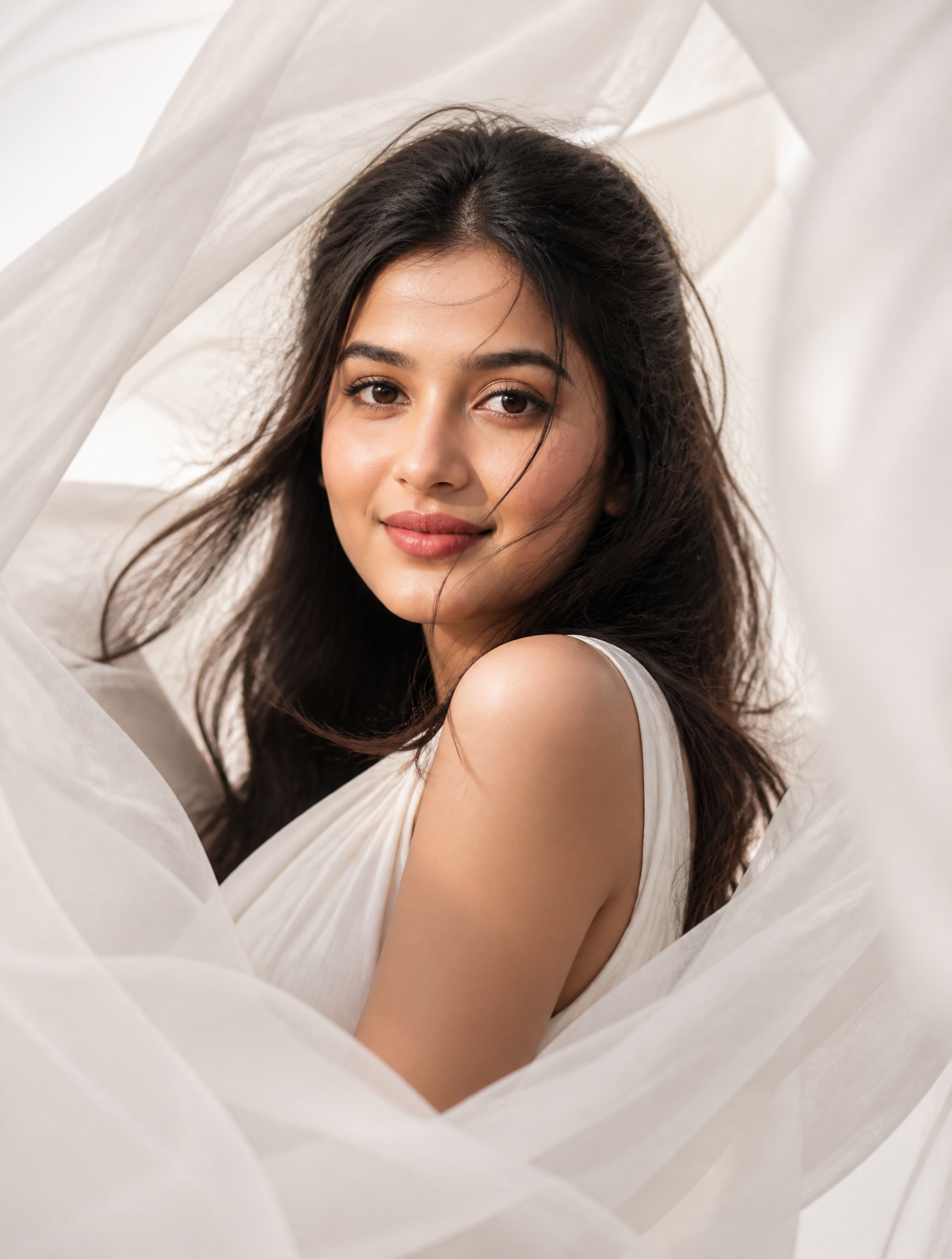 Ultra realistic fashion portrait of a beautiful woman surrou