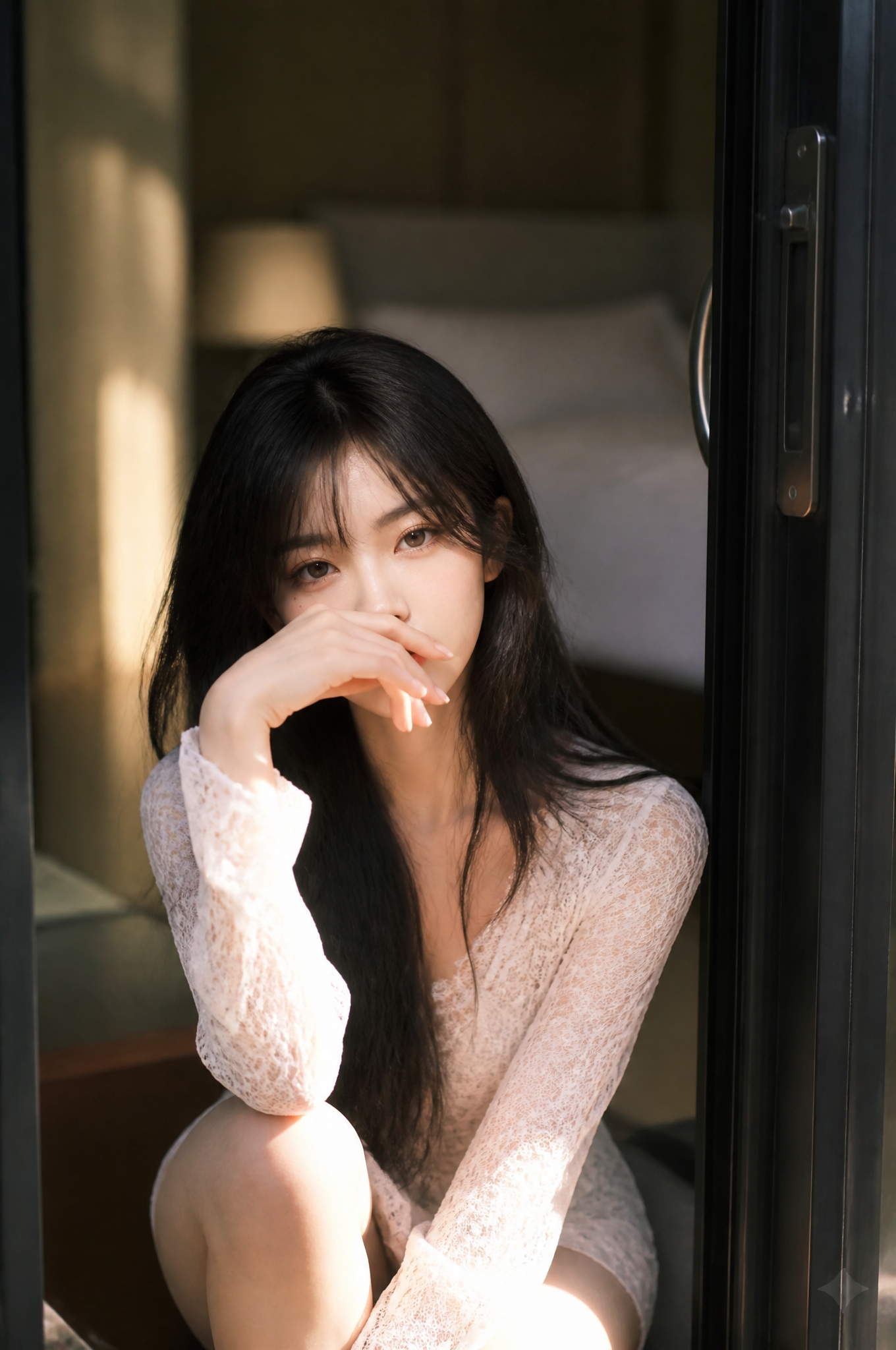 A beautiful Asian woman with long, flowing dark hair sits gr
