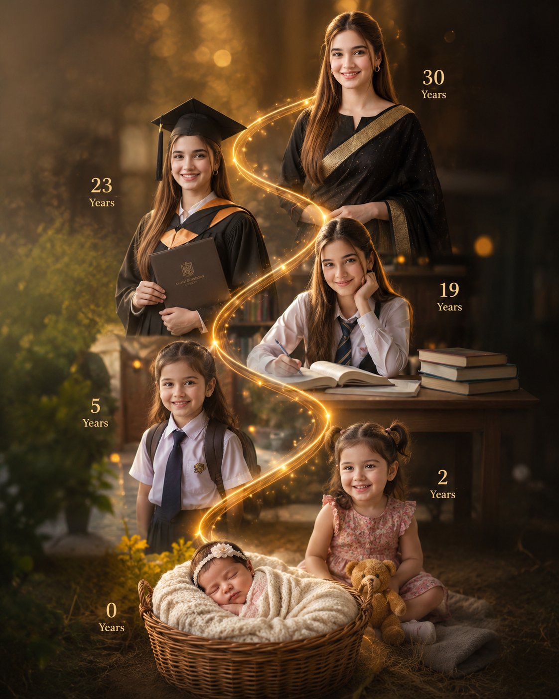 Create a vertical cinematic life journey portrait showing th