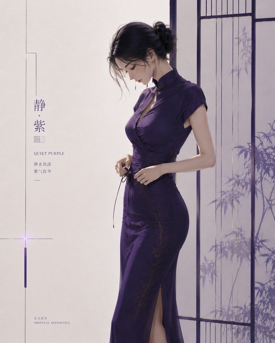 主体内容：一位明确成年的东方女性站在极简屏风前，低头整理腰间细带或腰封，身体微微侧向画面 
主体气质：知性、安静、精致、