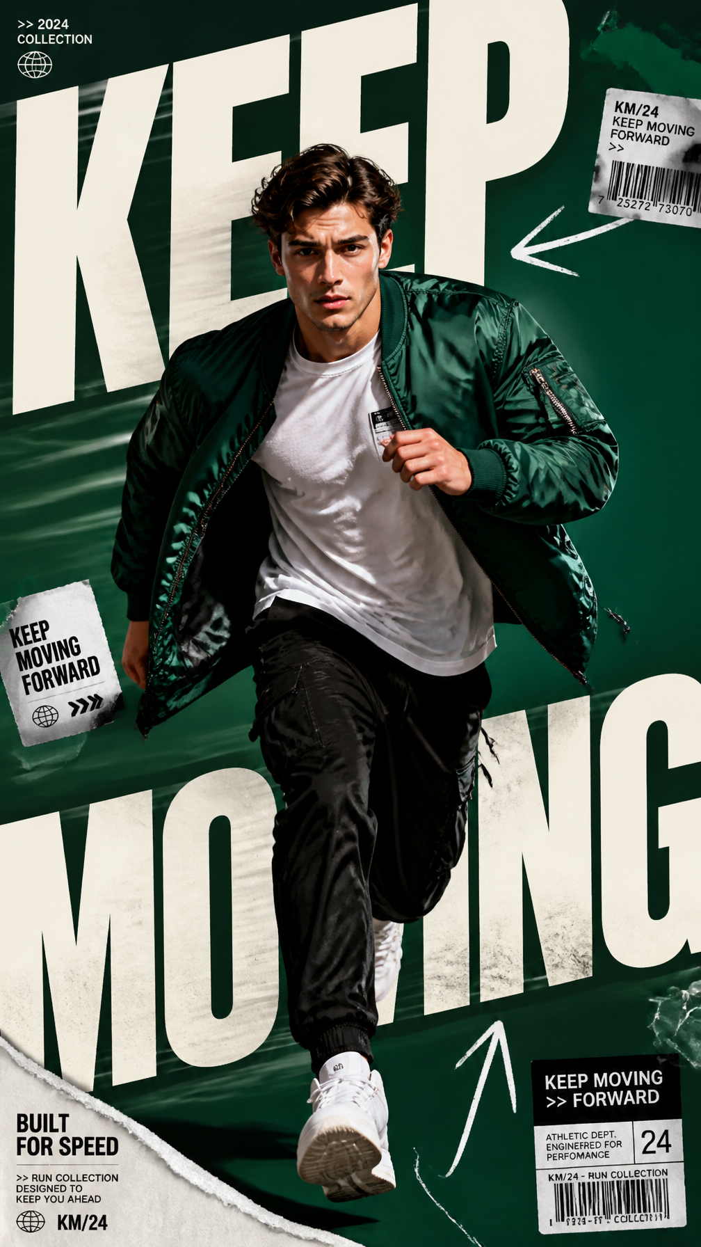 A premium 9:16 fashion editorial campaign poster.Main Subjec