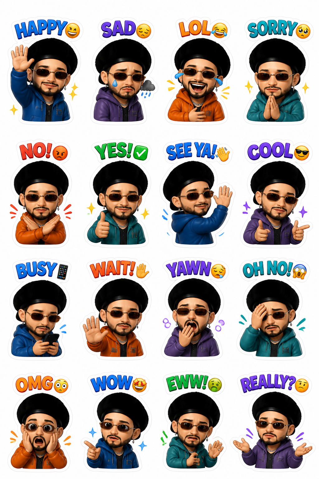 Create a premium 16-sticker pack from the uploaded image. Us