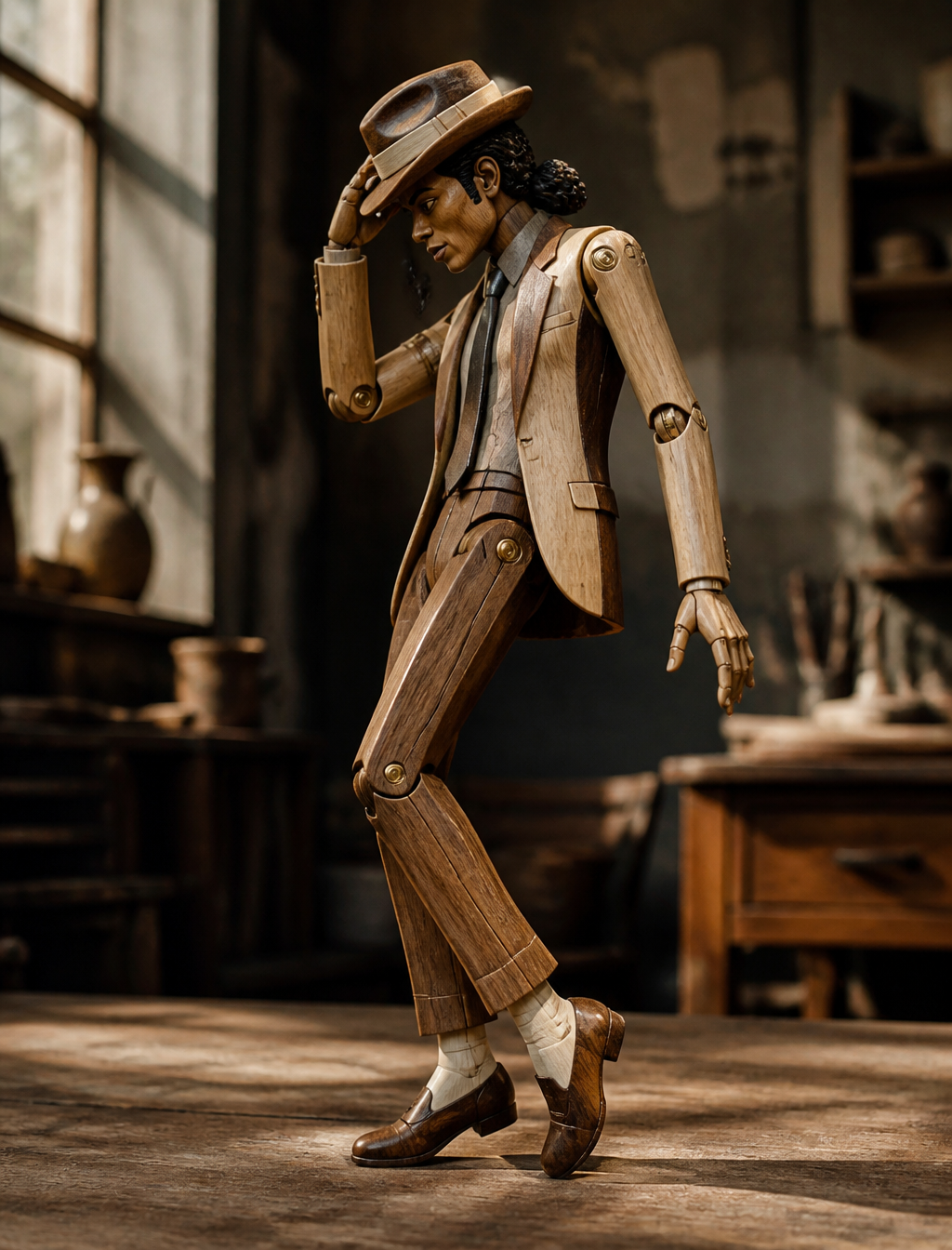 Subject and Movement: A delicate wooden automaton, depicting