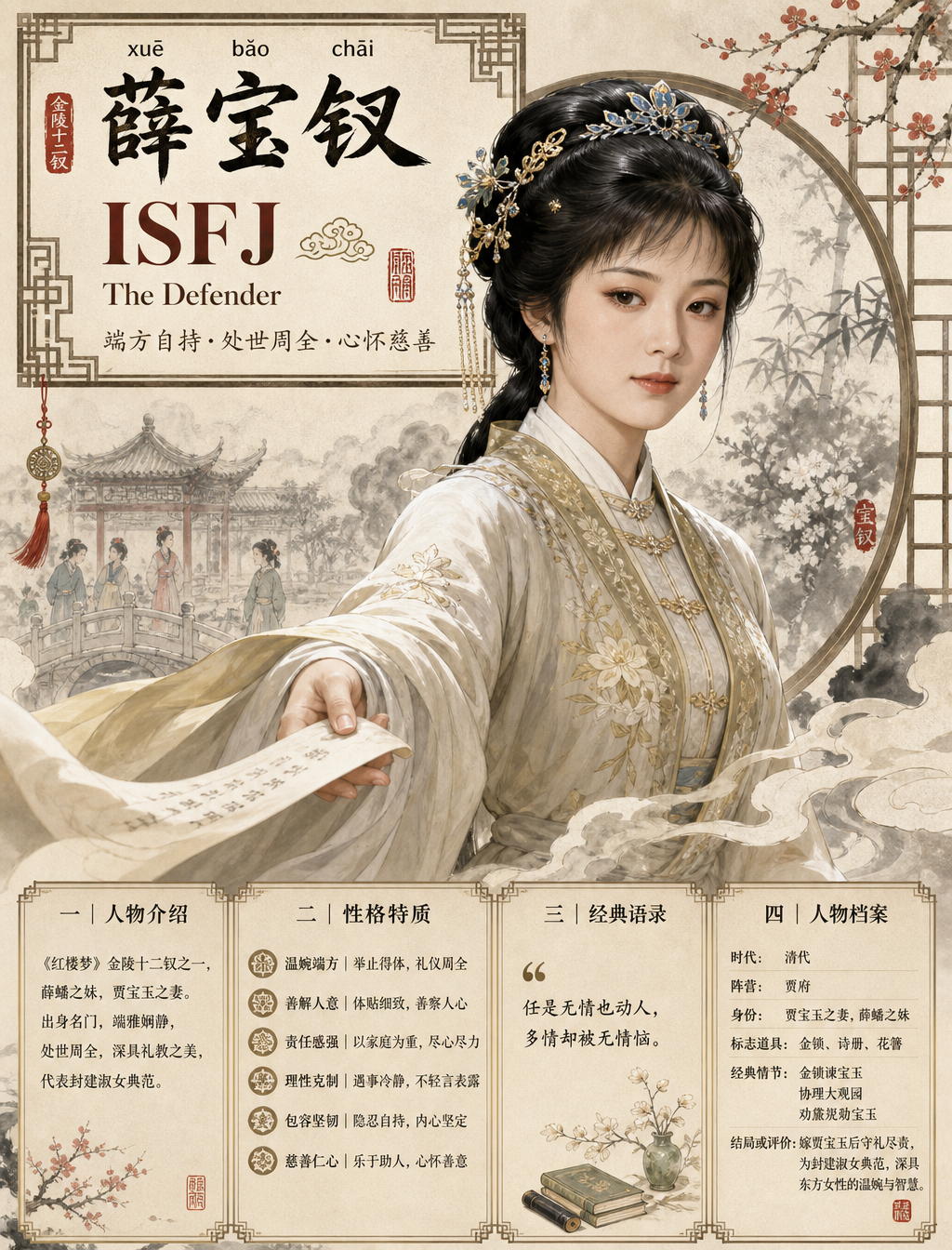 请生成一张【中国古典人物 MBTI 高端国风信息海报】。

【人物】
人物名称：{人物名}
【前置分析要求】
请先基于该