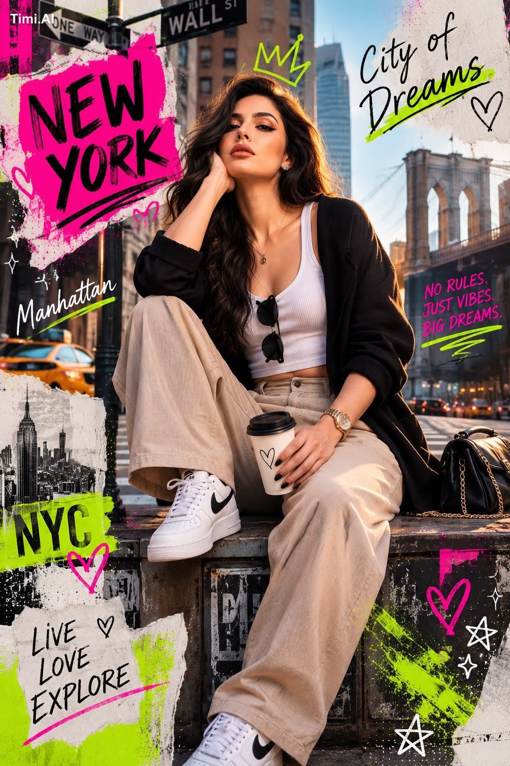 Photorealistic mixed media fashion collage of a cool young w