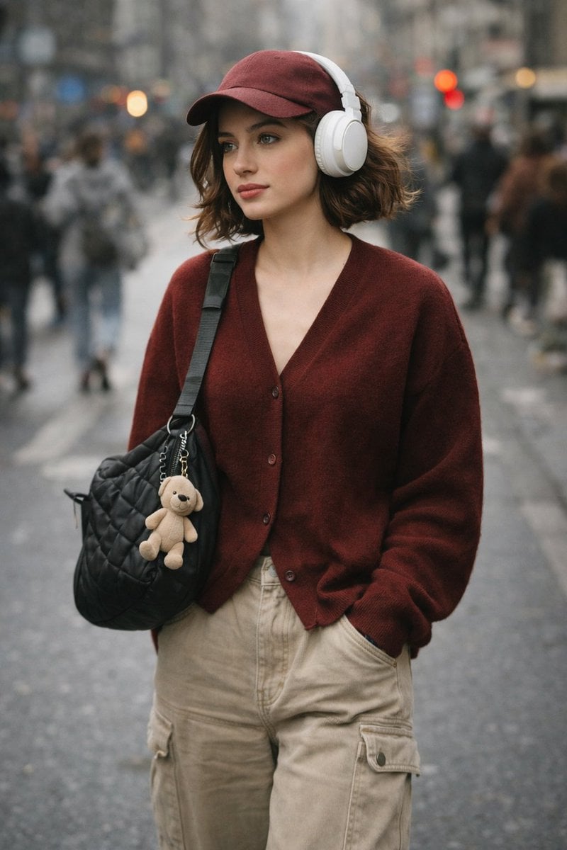 A high-quality, candid street photography shot of a stylish 