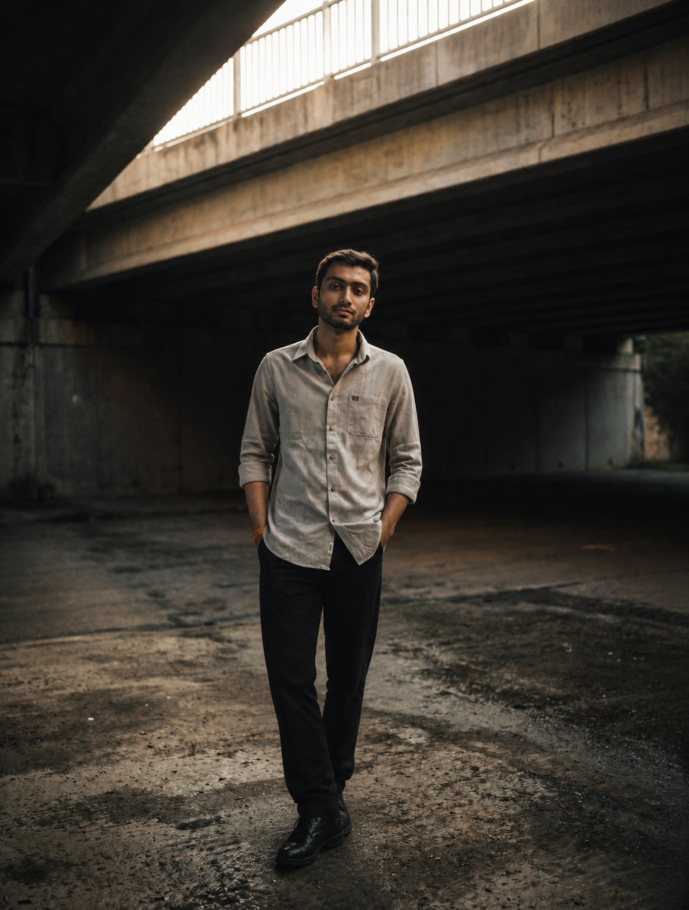 A moody, urban portrait of me standing under a desolate conc