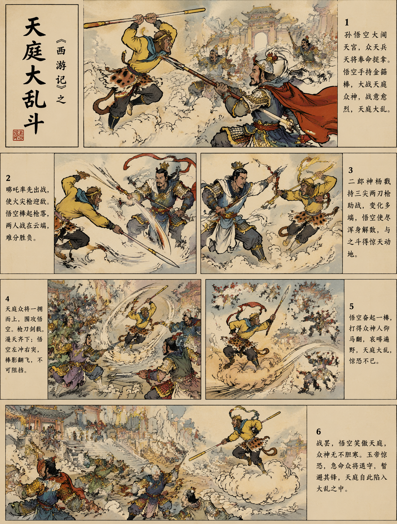 请以传统中国连环画/小人书的风格绘制《西游记》中的“天庭大乱斗”。运用经典的墨线技法,以黑色勾勒轮廓并采用传统着色,描绘