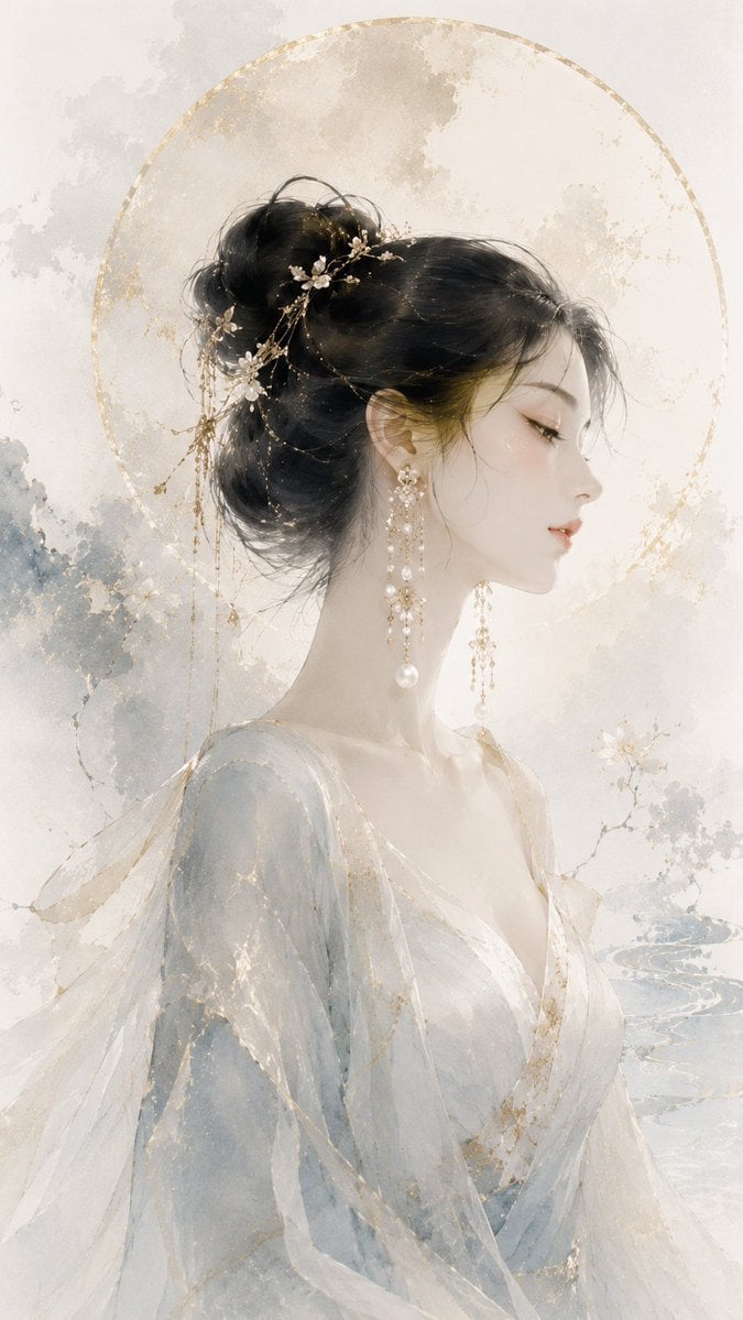 请生成一张 9:16 竖版、原创高级东方珠宝视觉海报。整体风格为东方水墨时装插画，结合高级珠宝 Campaign、轻奢品