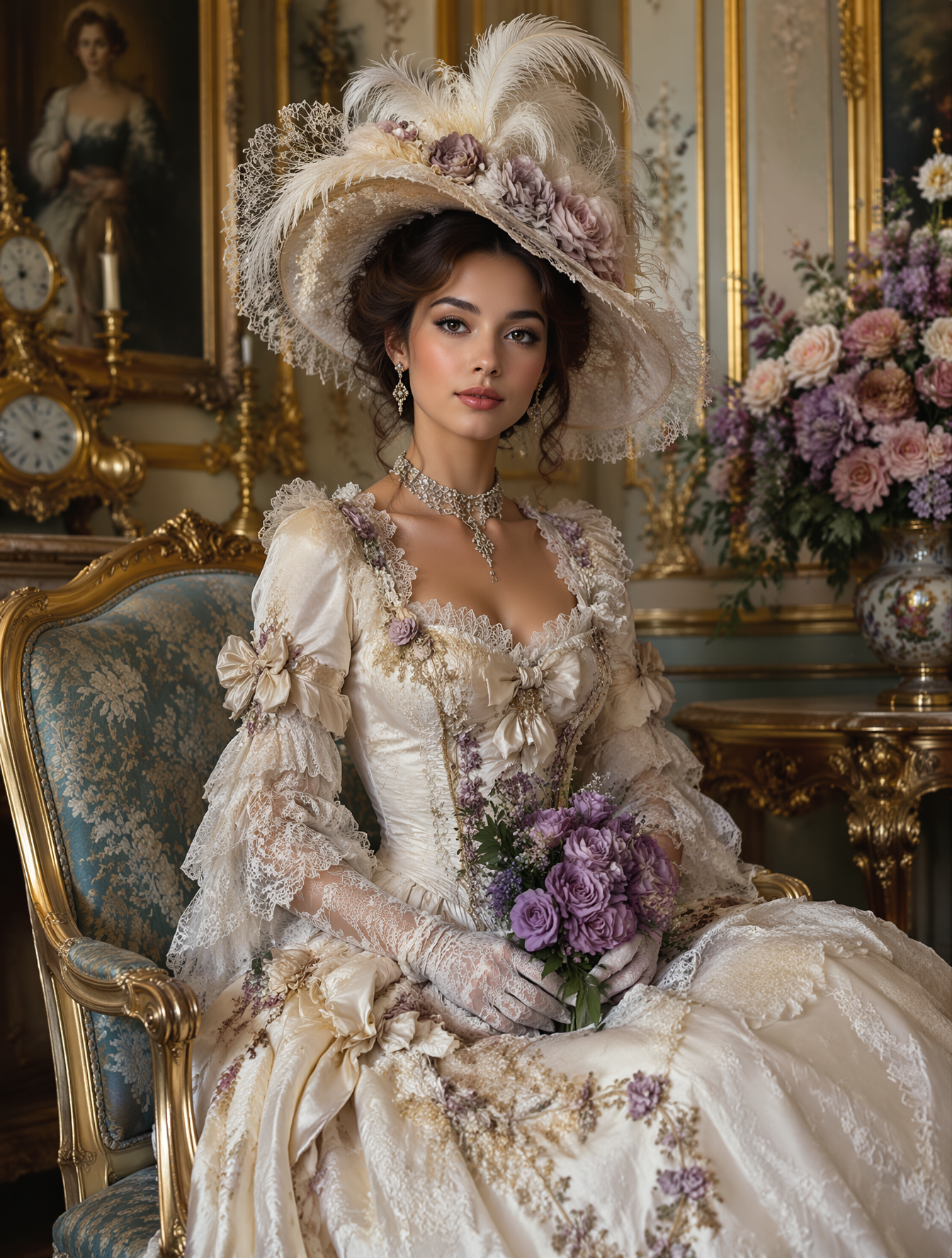 A slim woman dressed in an elaborate, regal costume is seate