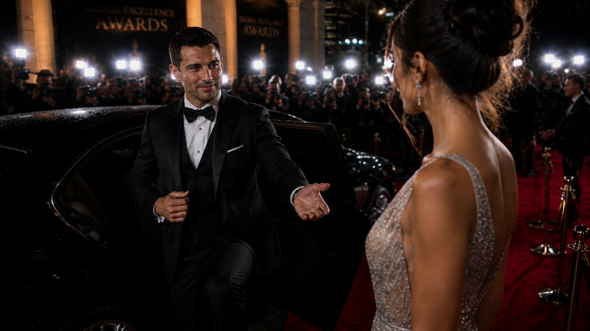 A handsome man in a sharp black tuxedo exits a luxury car, t