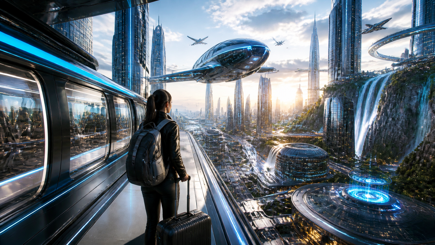 Prompt:Ultra-realistic futuristic travel scene, a stylish tr