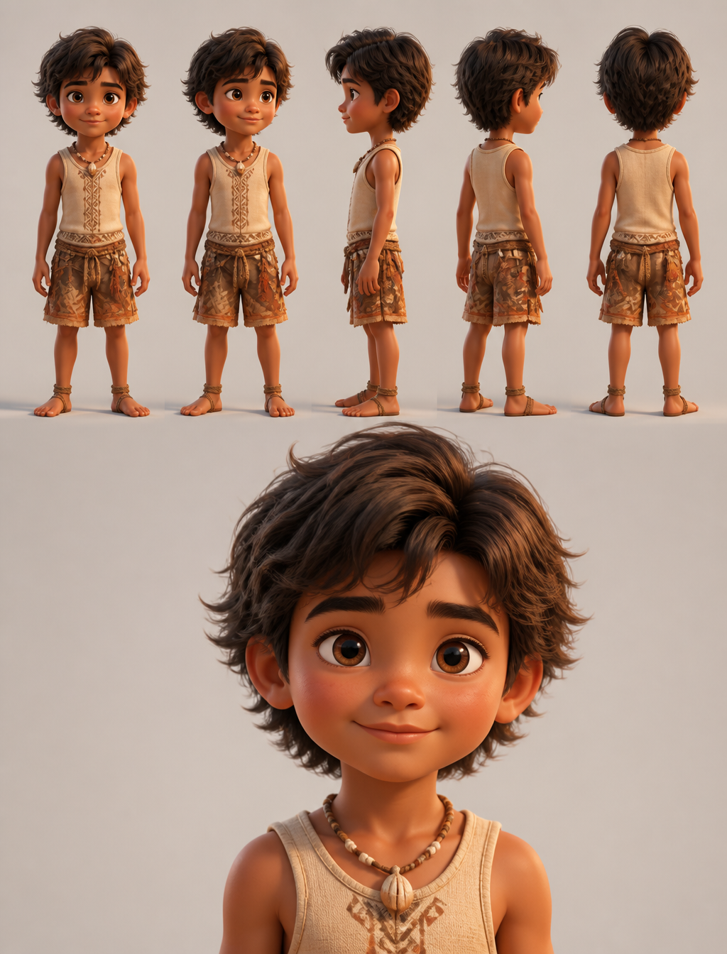 3D animated character reference sheet rendered in cinematic 