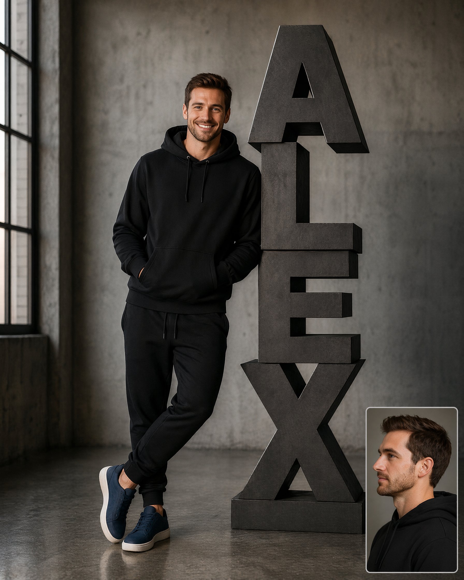 A professional full-body portrait of a stylish [young man /