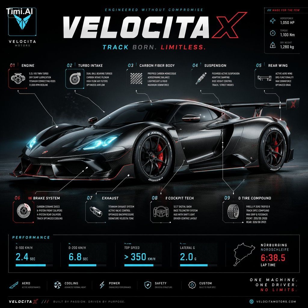 Futuristic automotive infographic poster showing a high-perf